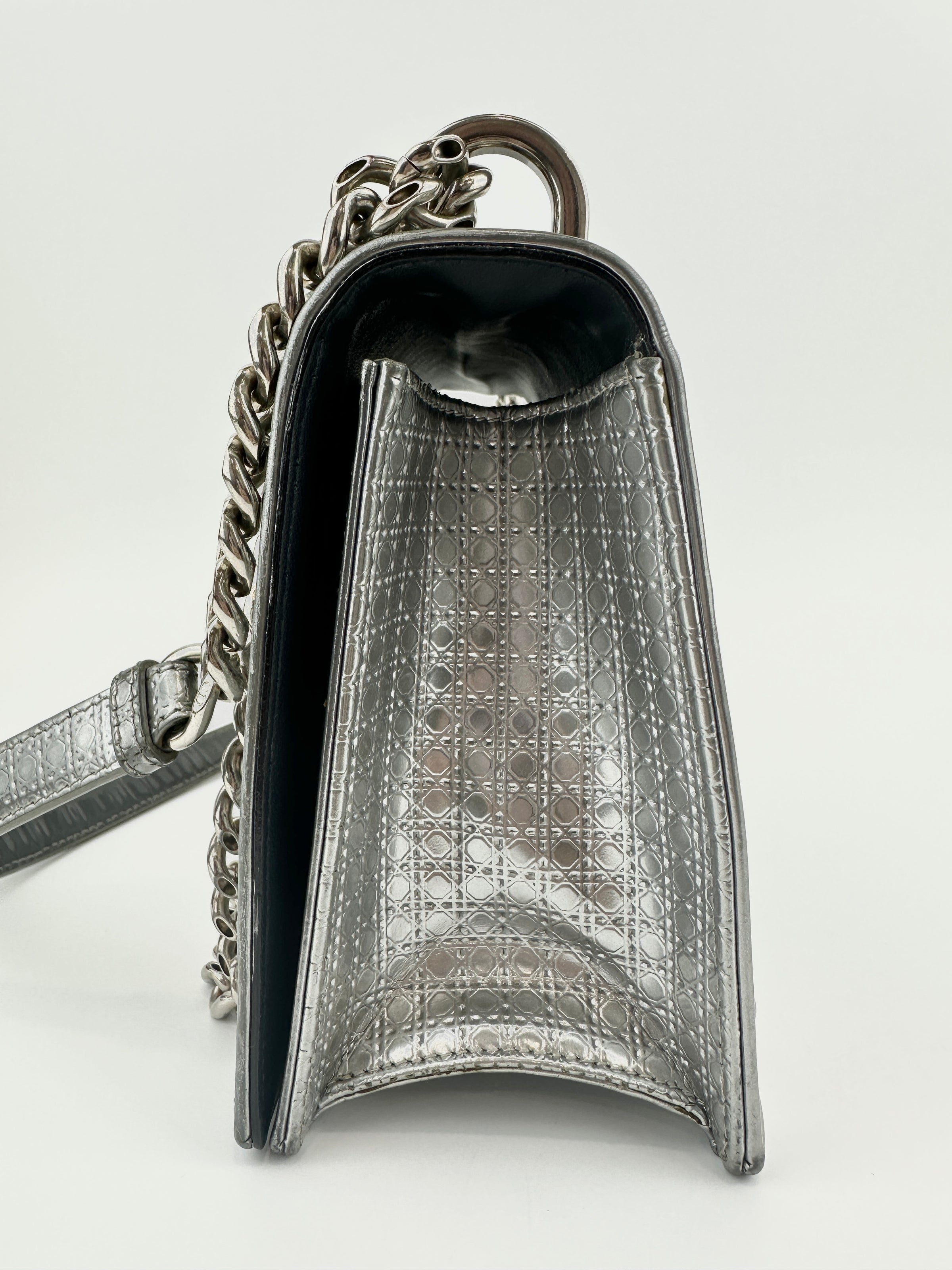 Medium Diorama Metallic Silver Cannage Leather Flap Bag