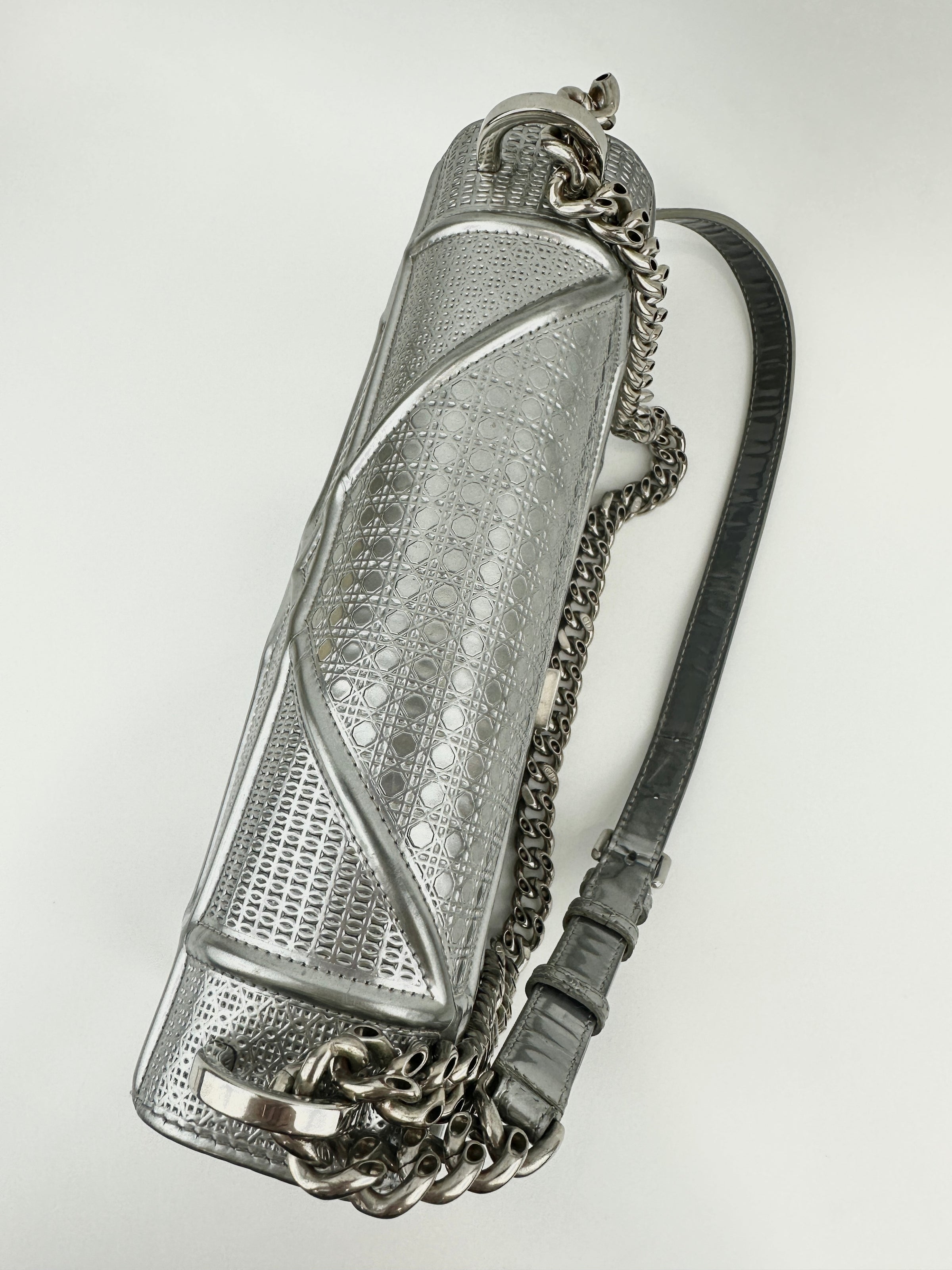 Medium Diorama Metallic Silver Cannage Leather Flap Bag