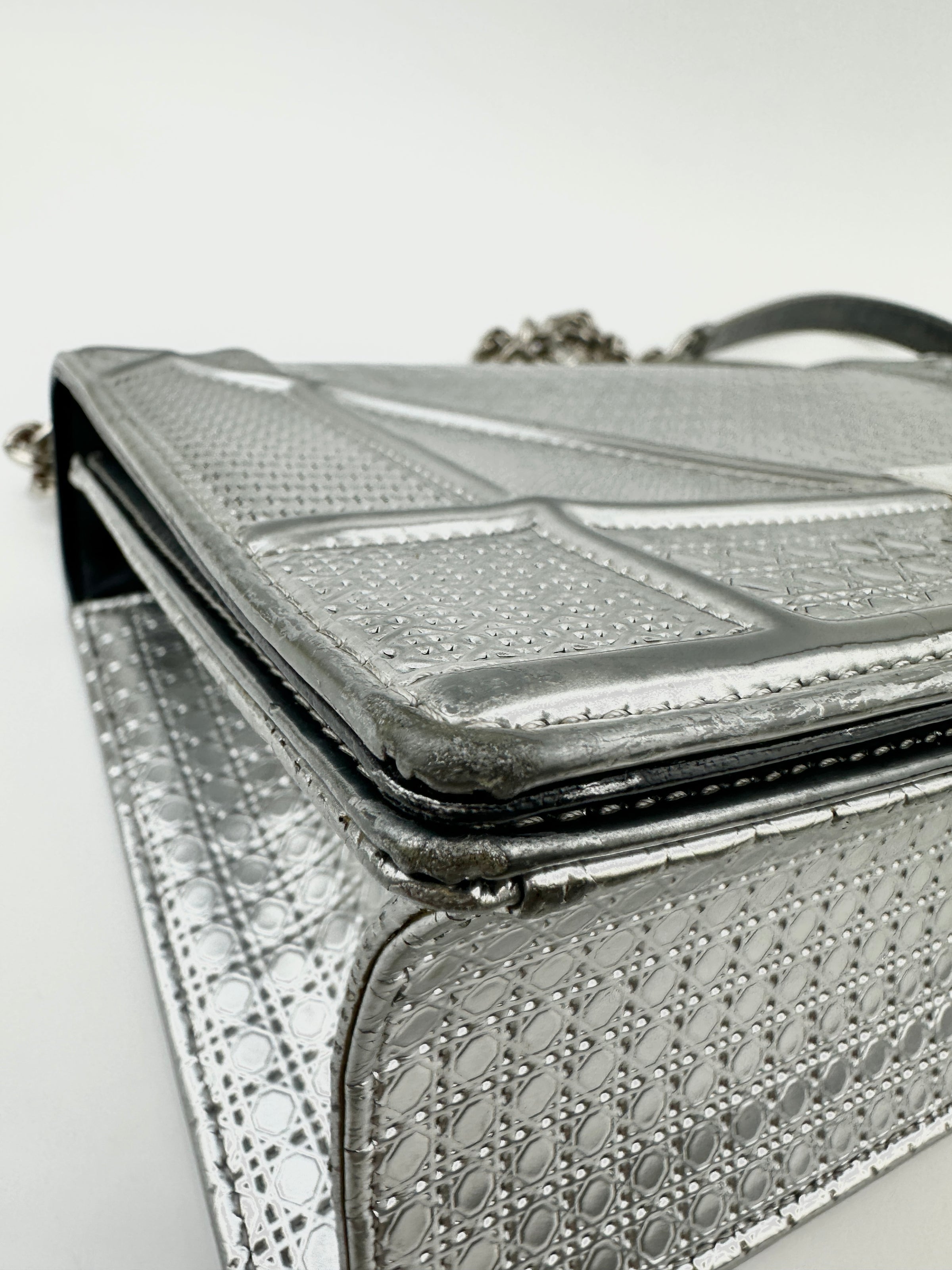 Medium Diorama Metallic Silver Cannage Leather Flap Bag