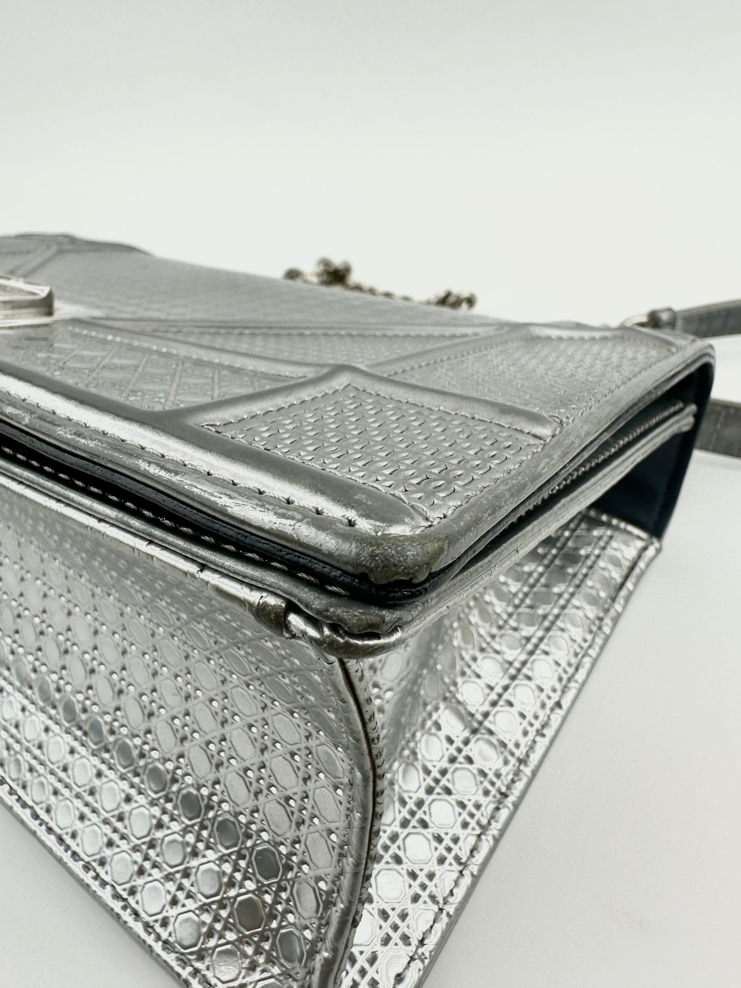 Medium Diorama Metallic Silver Cannage Leather Flap Bag