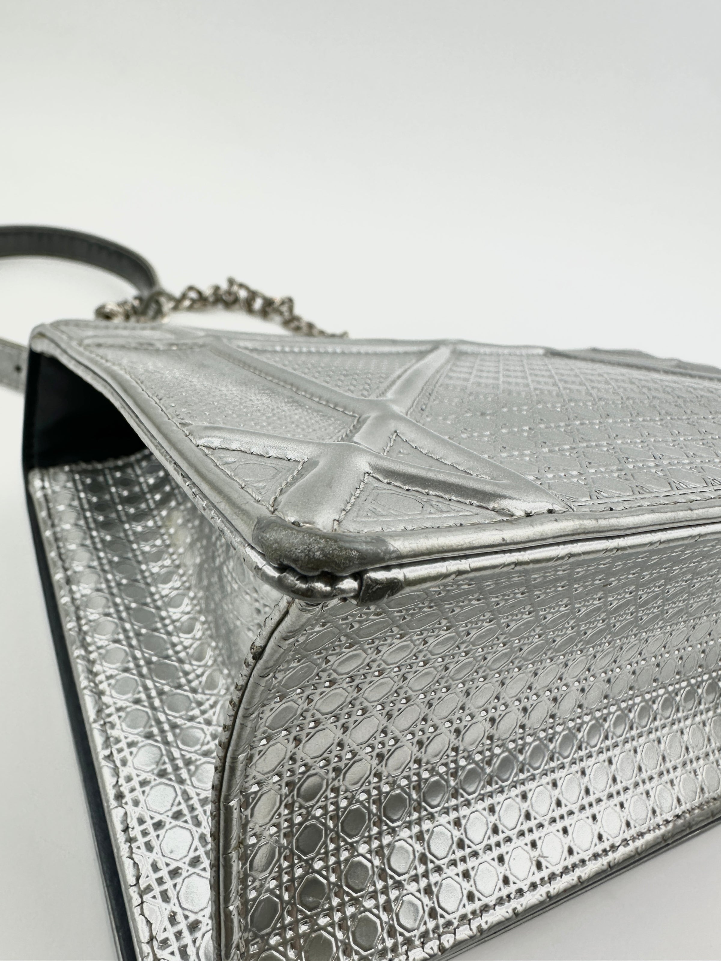 Medium Diorama Metallic Silver Cannage Leather Flap Bag