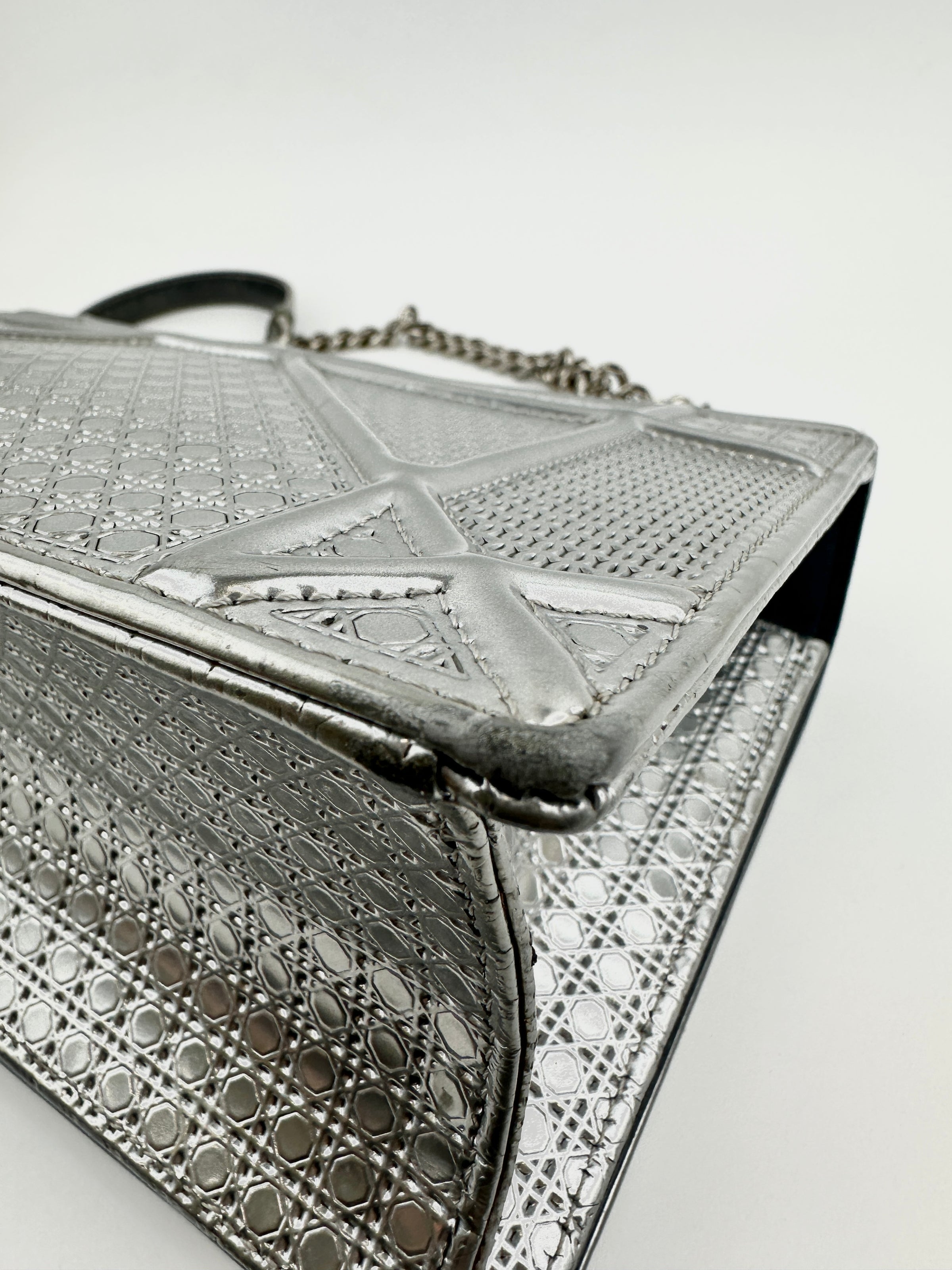 Medium Diorama Metallic Silver Cannage Leather Flap Bag