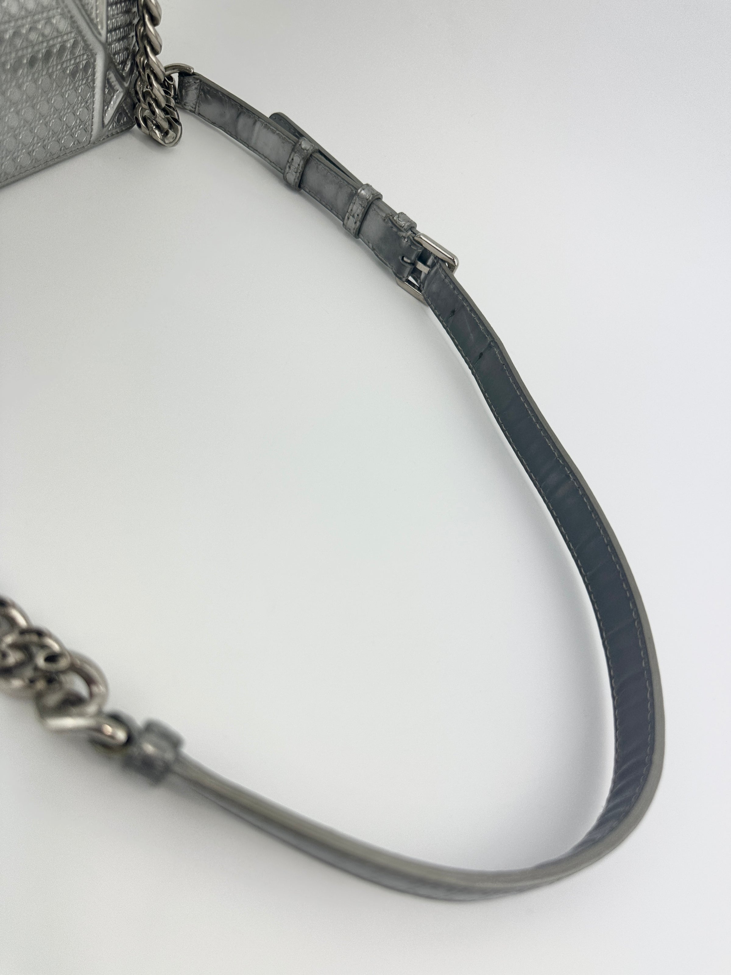 Medium Diorama Metallic Silver Cannage Leather Flap Bag