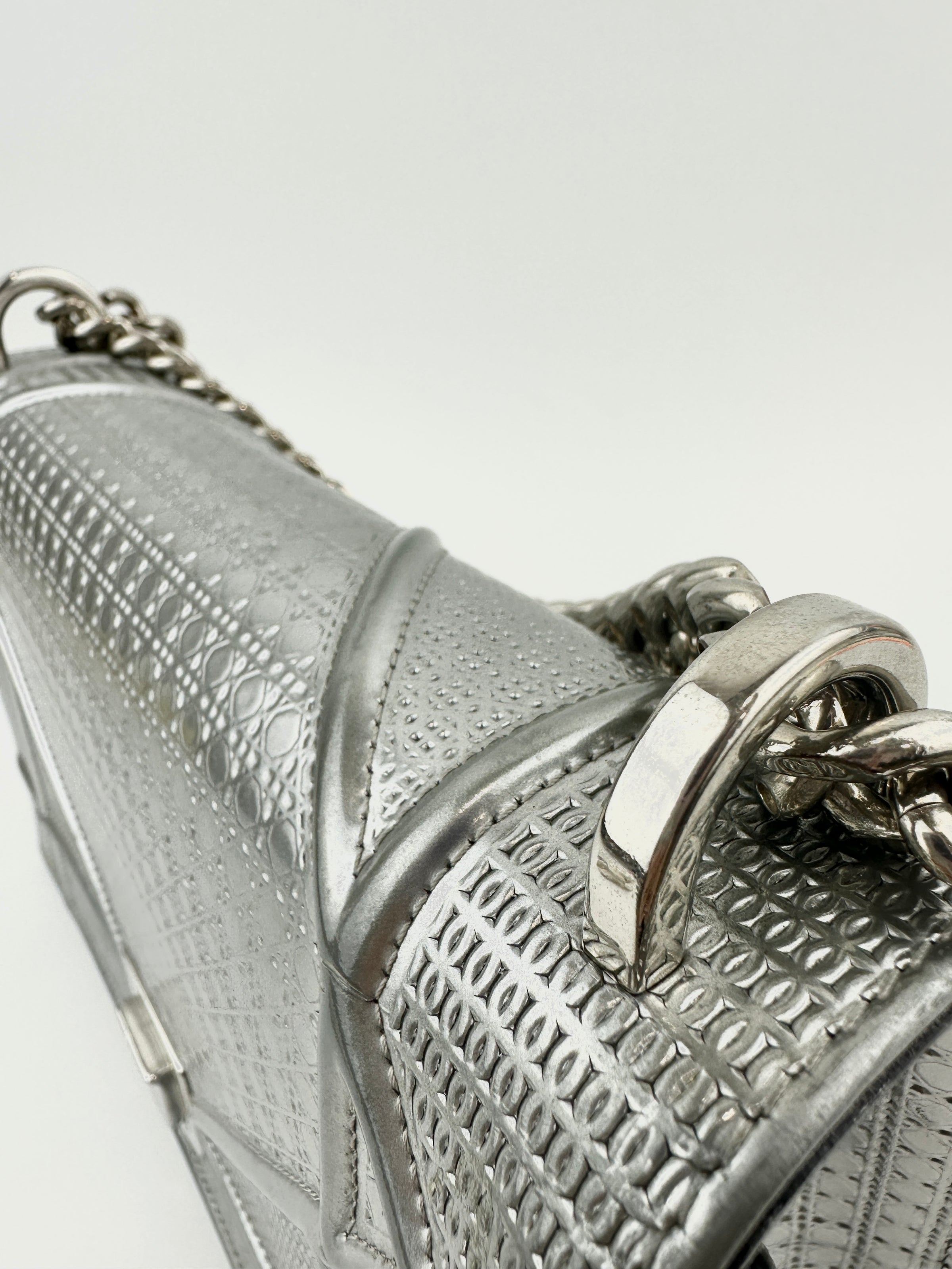 Medium Diorama Metallic Silver Cannage Leather Flap Bag