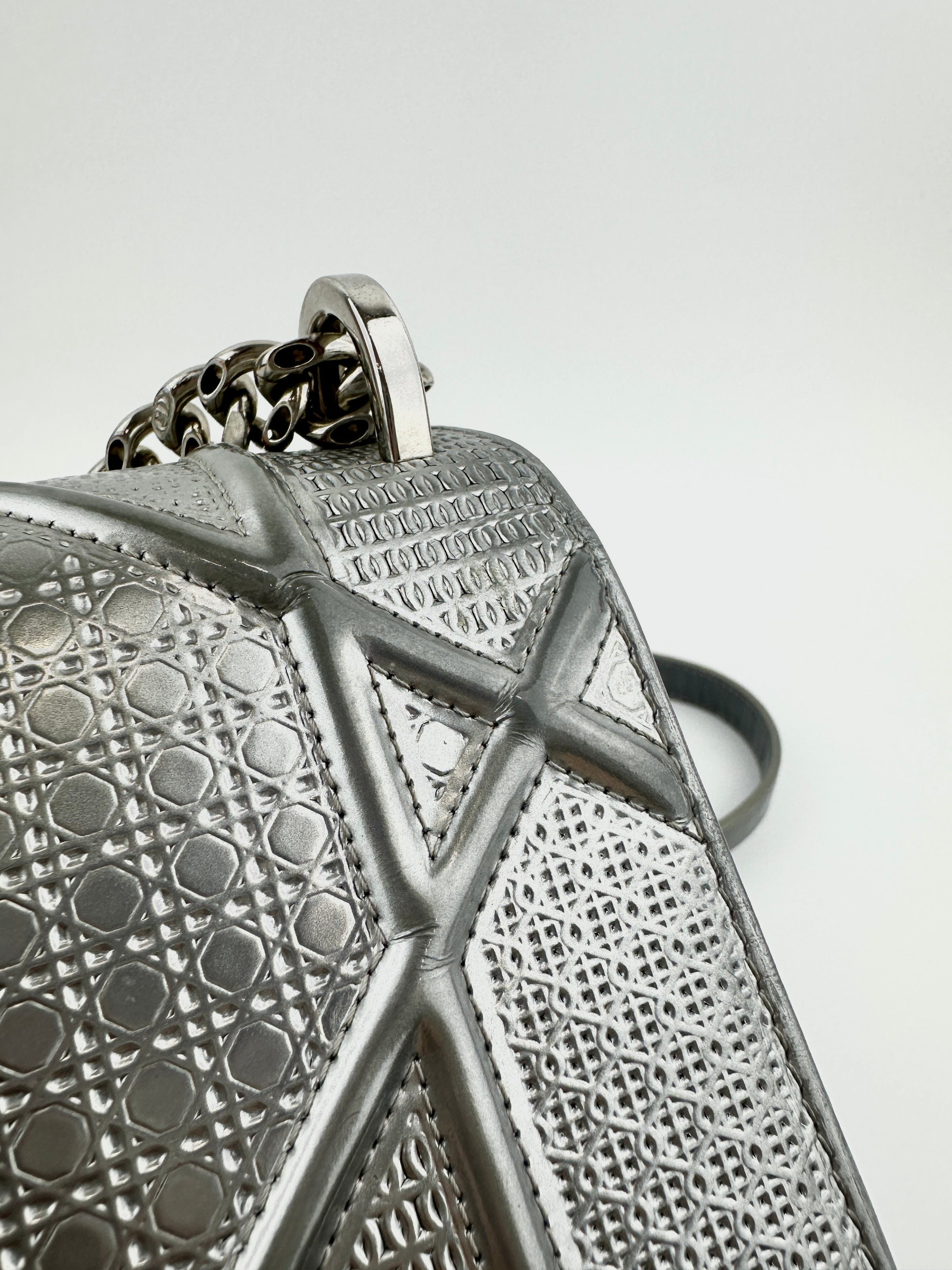 Medium Diorama Metallic Silver Cannage Leather Flap Bag