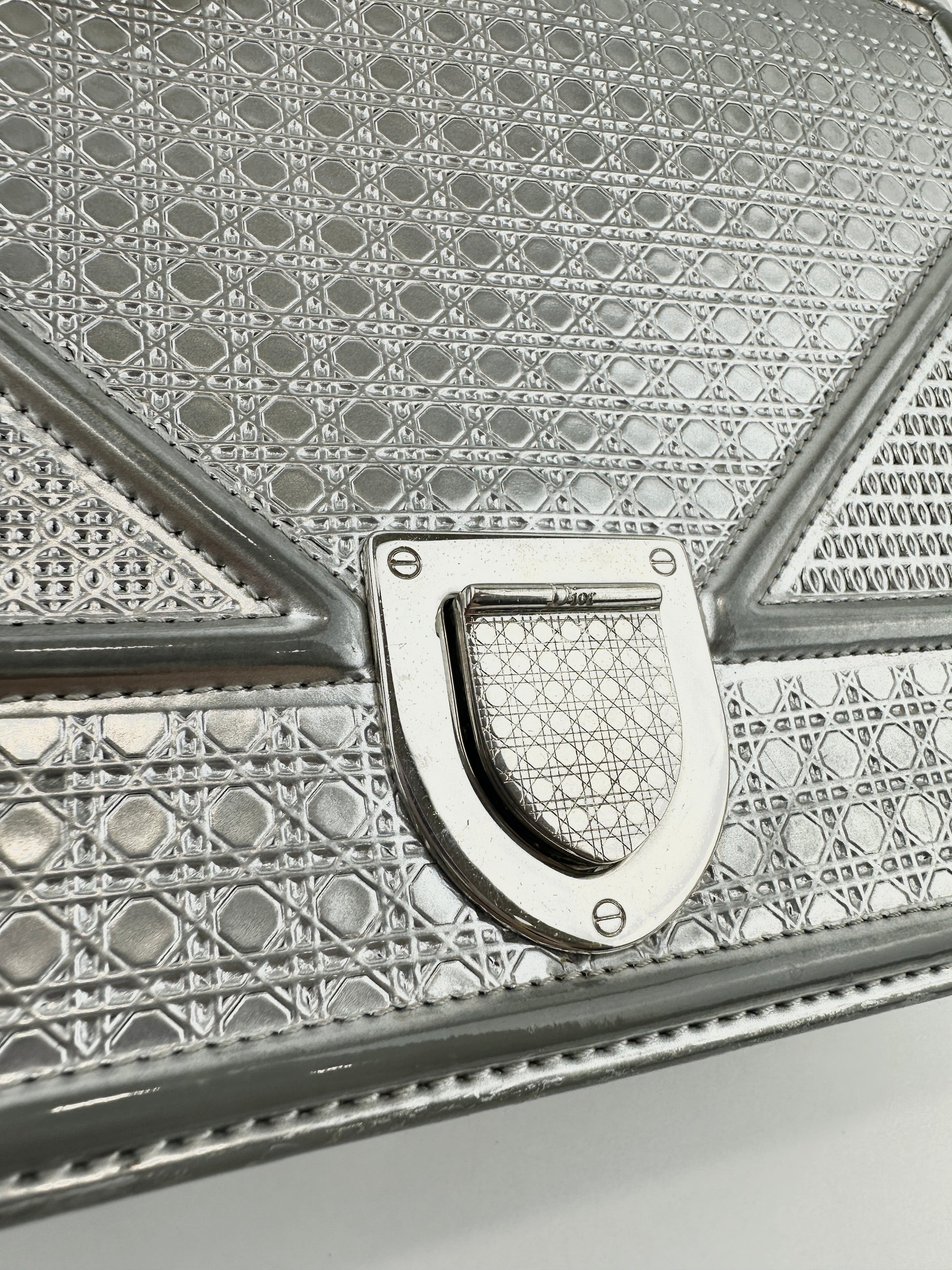 Medium Diorama Metallic Silver Cannage Leather Flap Bag