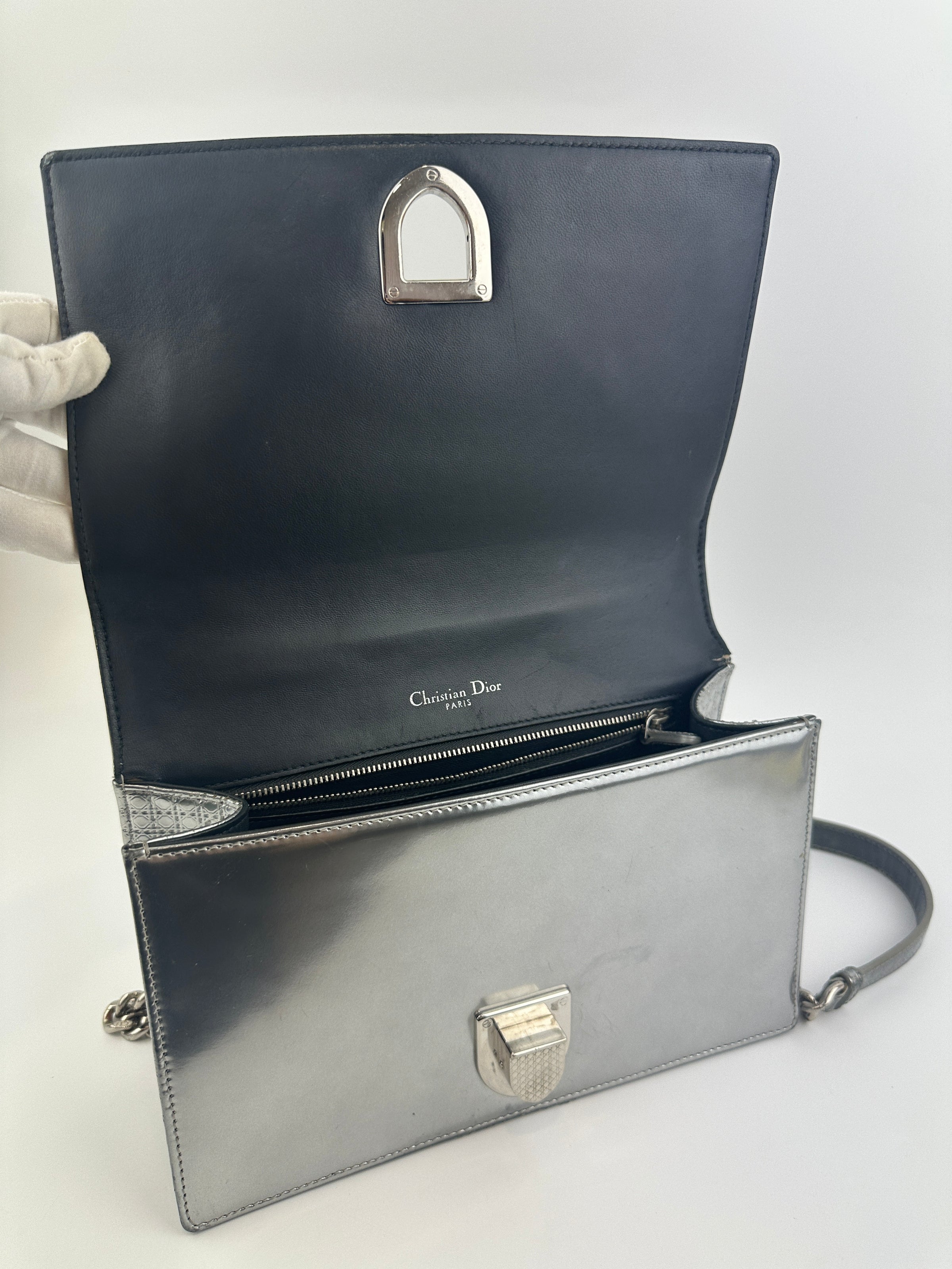 Medium Diorama Metallic Silver Cannage Leather Flap Bag