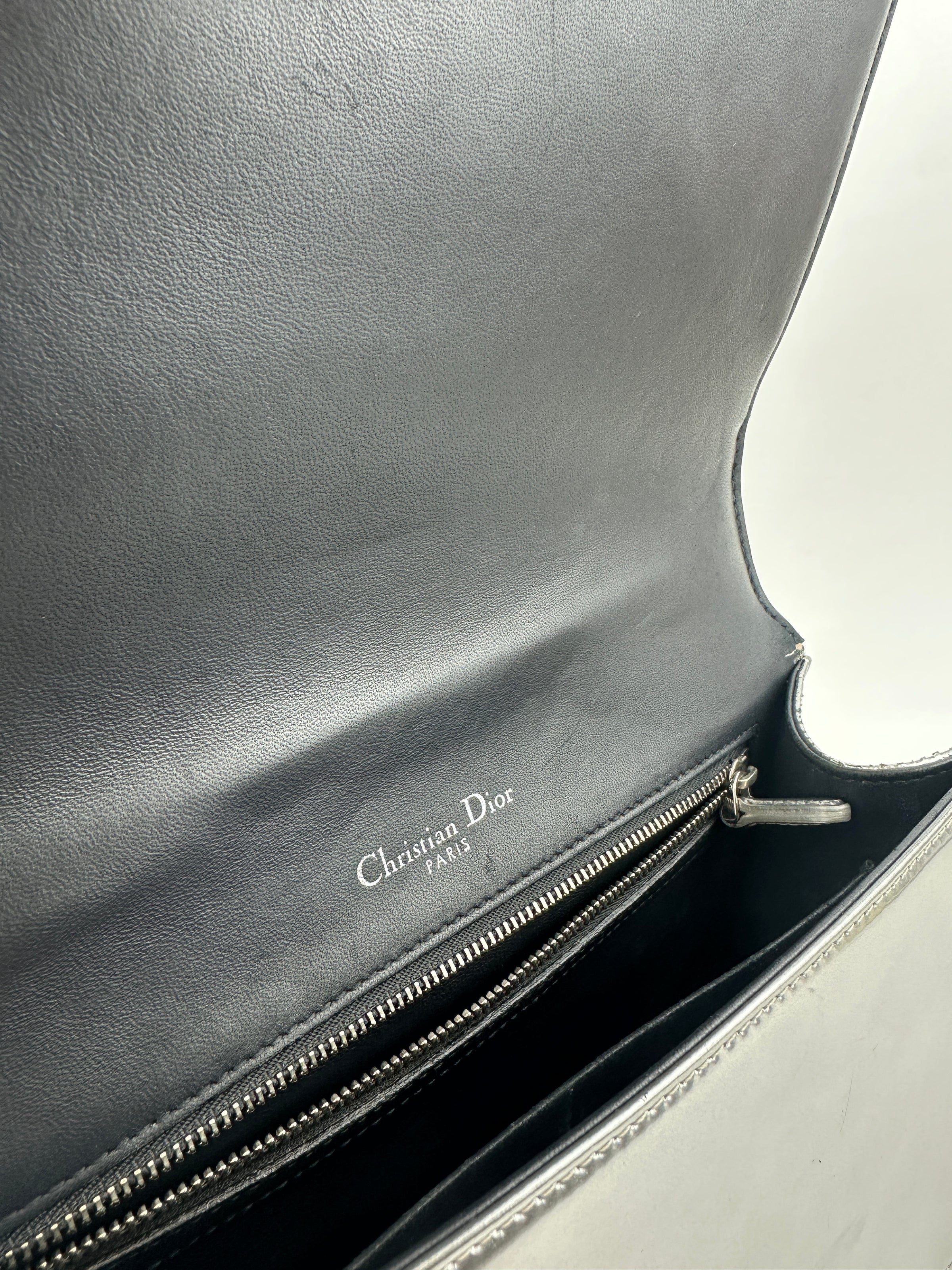 Medium Diorama Metallic Silver Cannage Leather Flap Bag