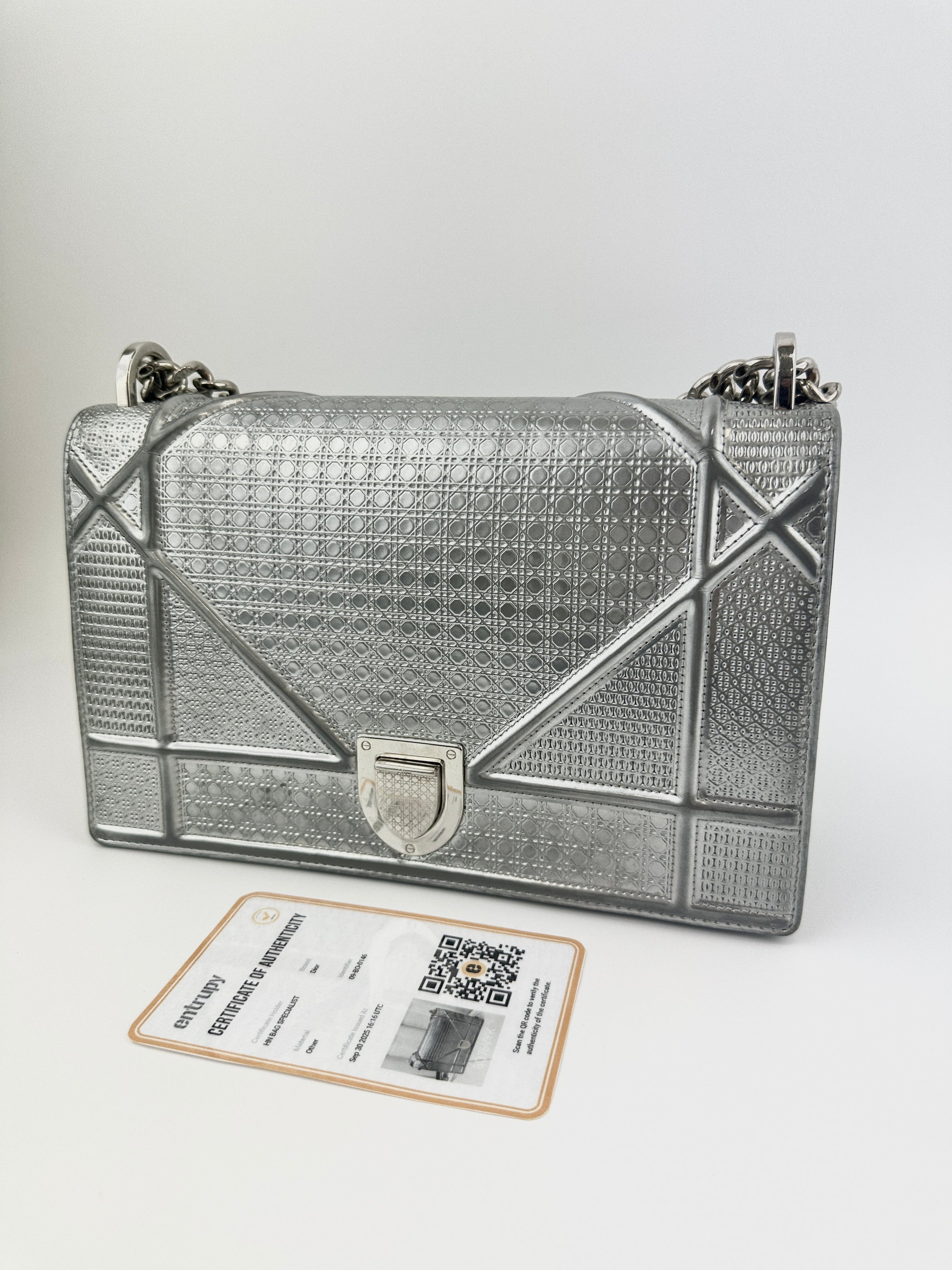 Medium Diorama Metallic Silver Cannage Leather Flap Bag