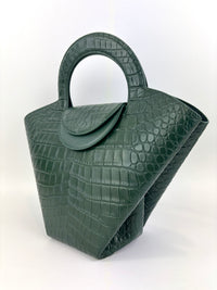 Calfskin Crocodile Embossed Doll Top Handle Bag Green - Glampot