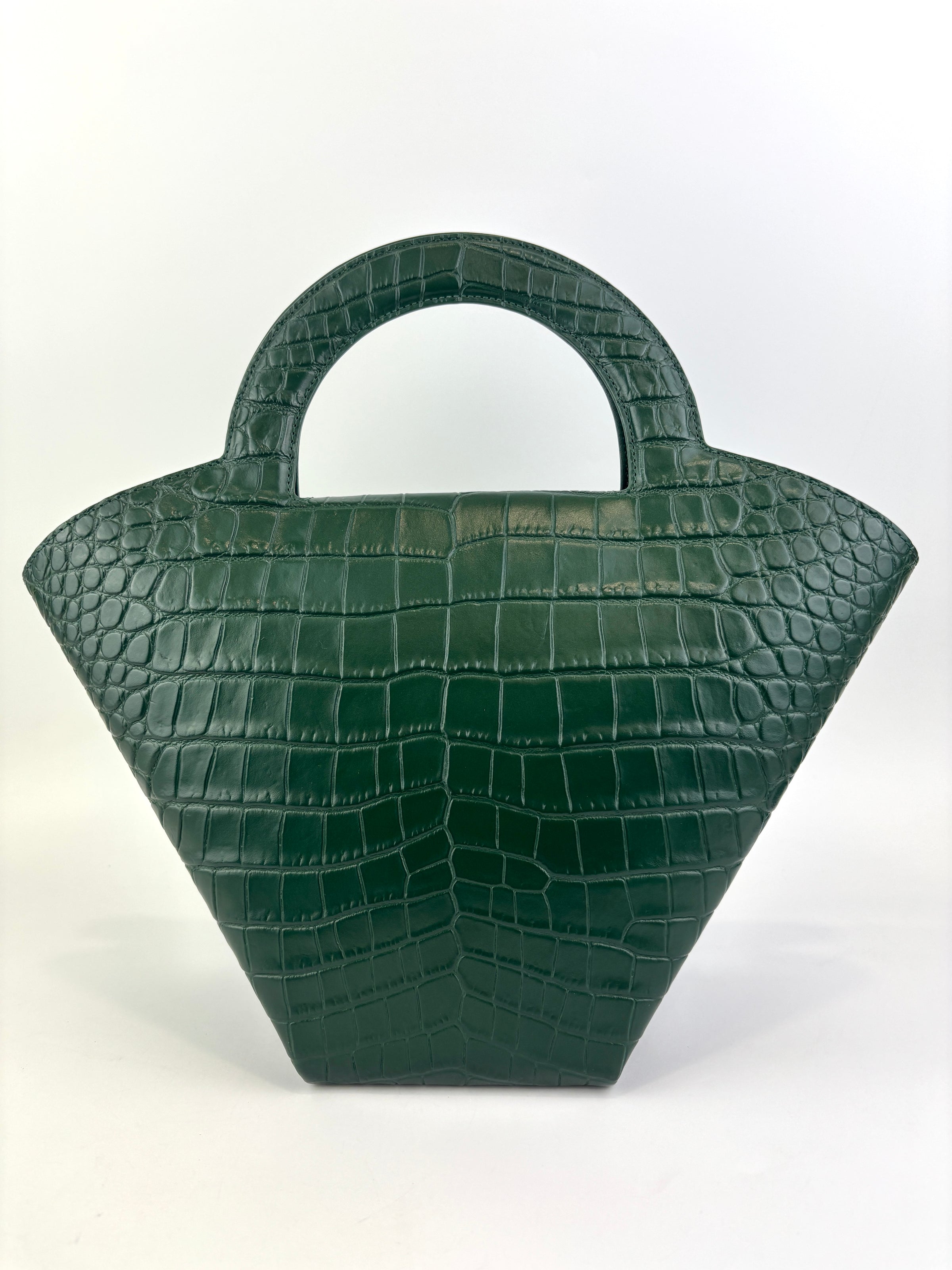 Calfskin Crocodile Embossed Doll Top Handle Bag Green - Glampot