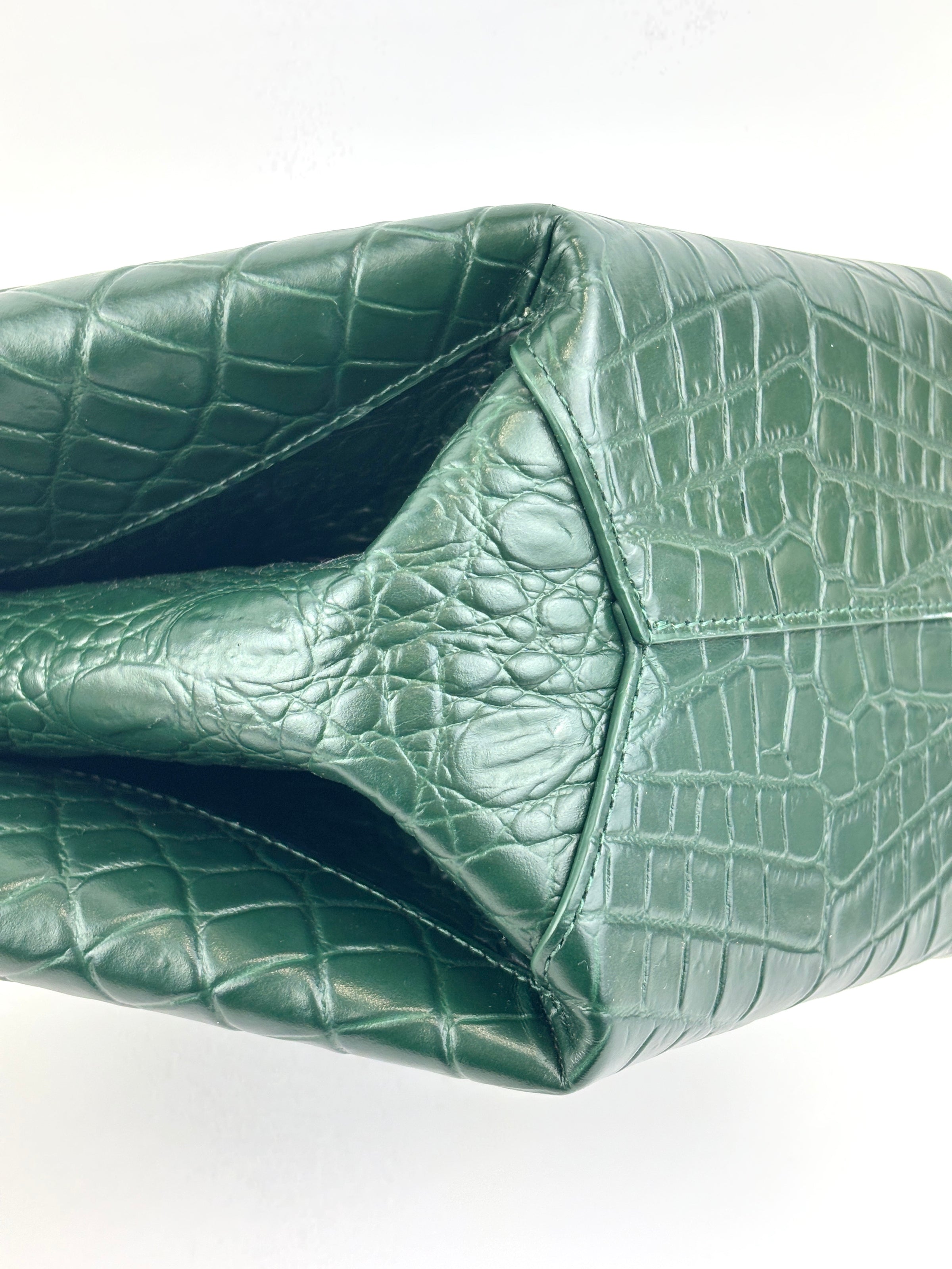 Calfskin Crocodile Embossed Doll Top Handle Bag Green - Glampot