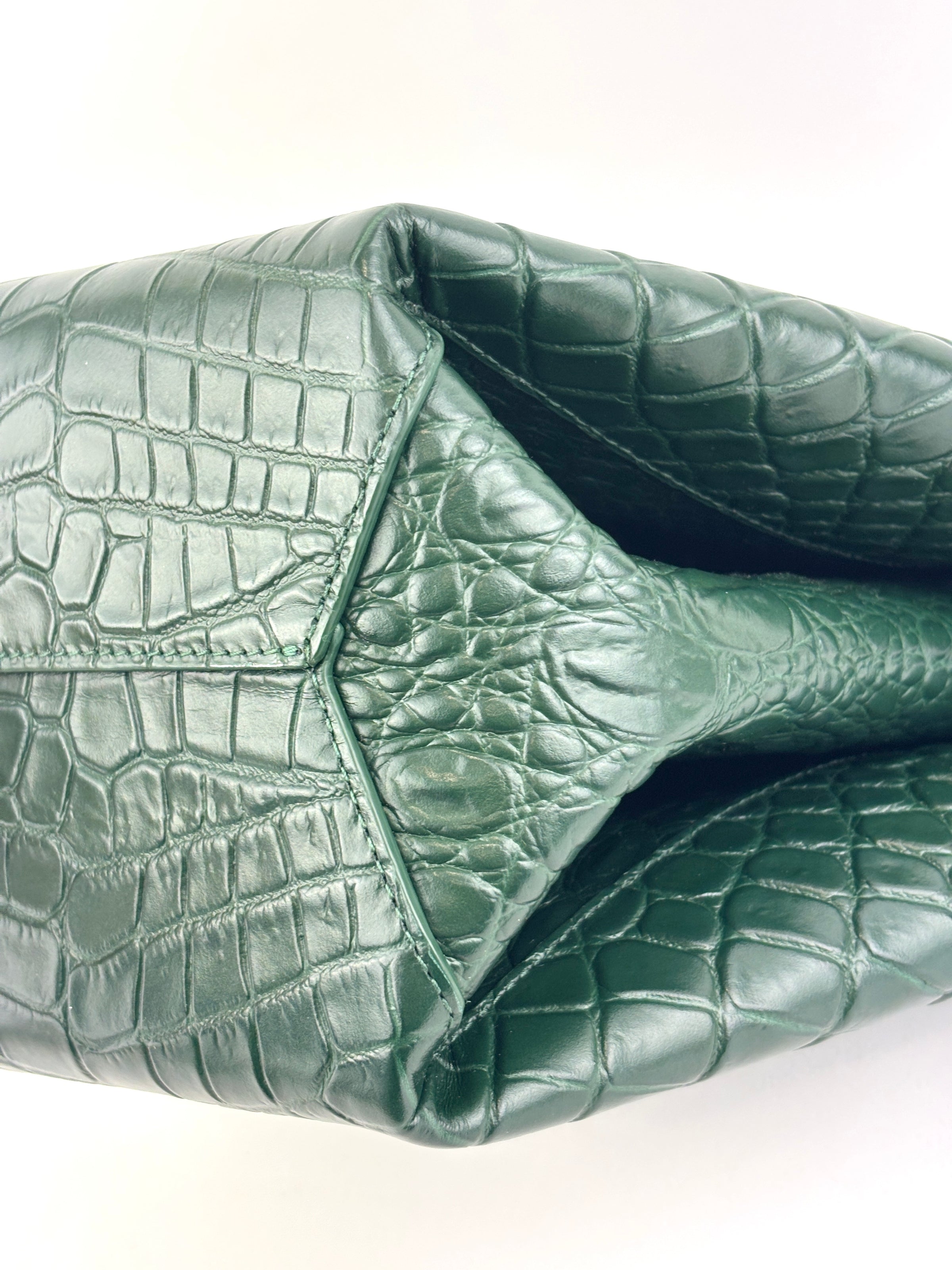 Calfskin Crocodile Embossed Doll Top Handle Bag Green - Glampot