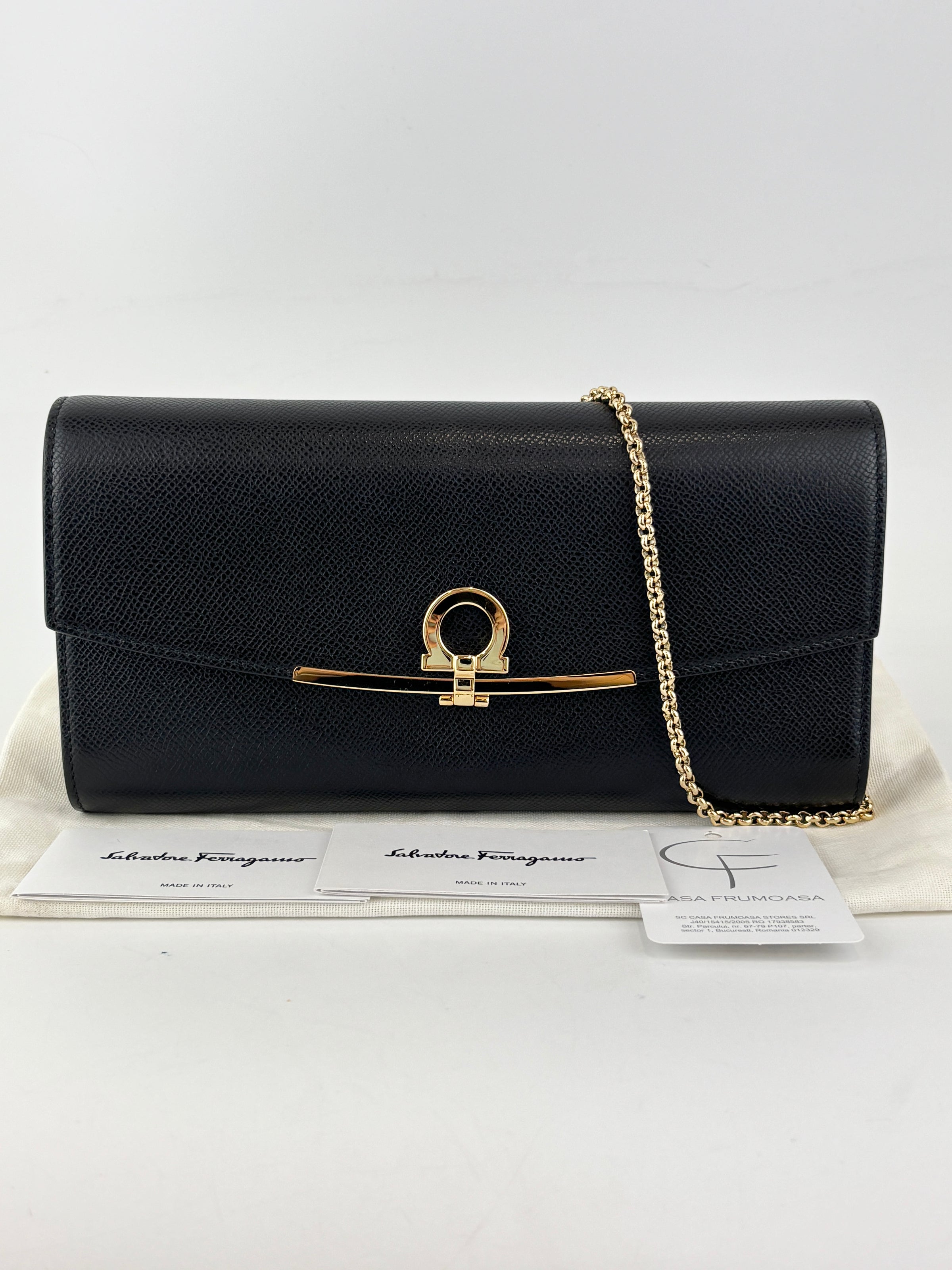 Gancini Clip Clutch with Chain Black Pebble Calf GHW