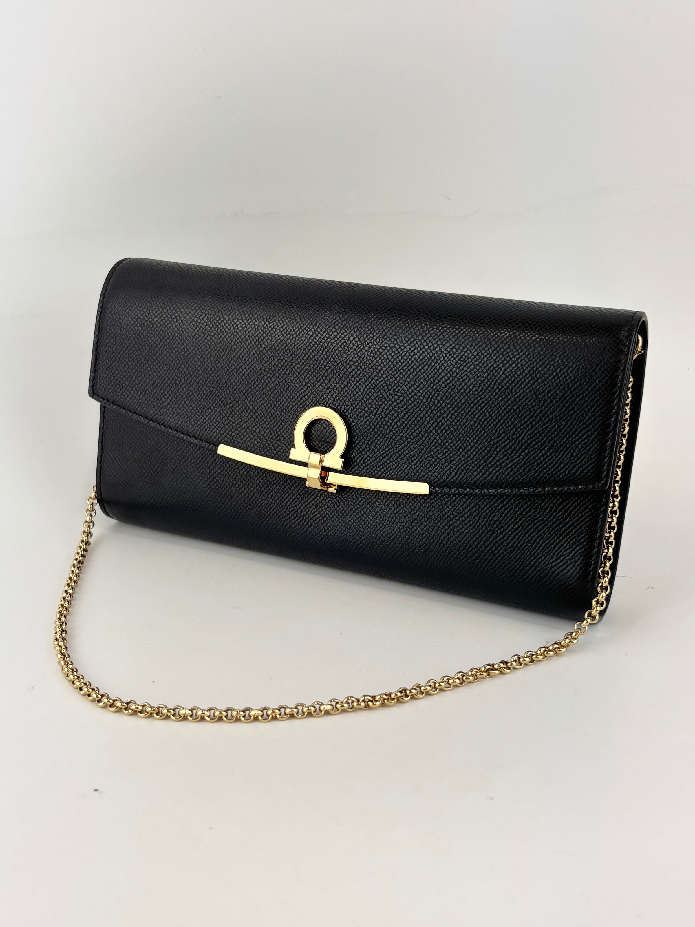 Gancini Clip Clutch with Chain Black Pebble Calf GHW
