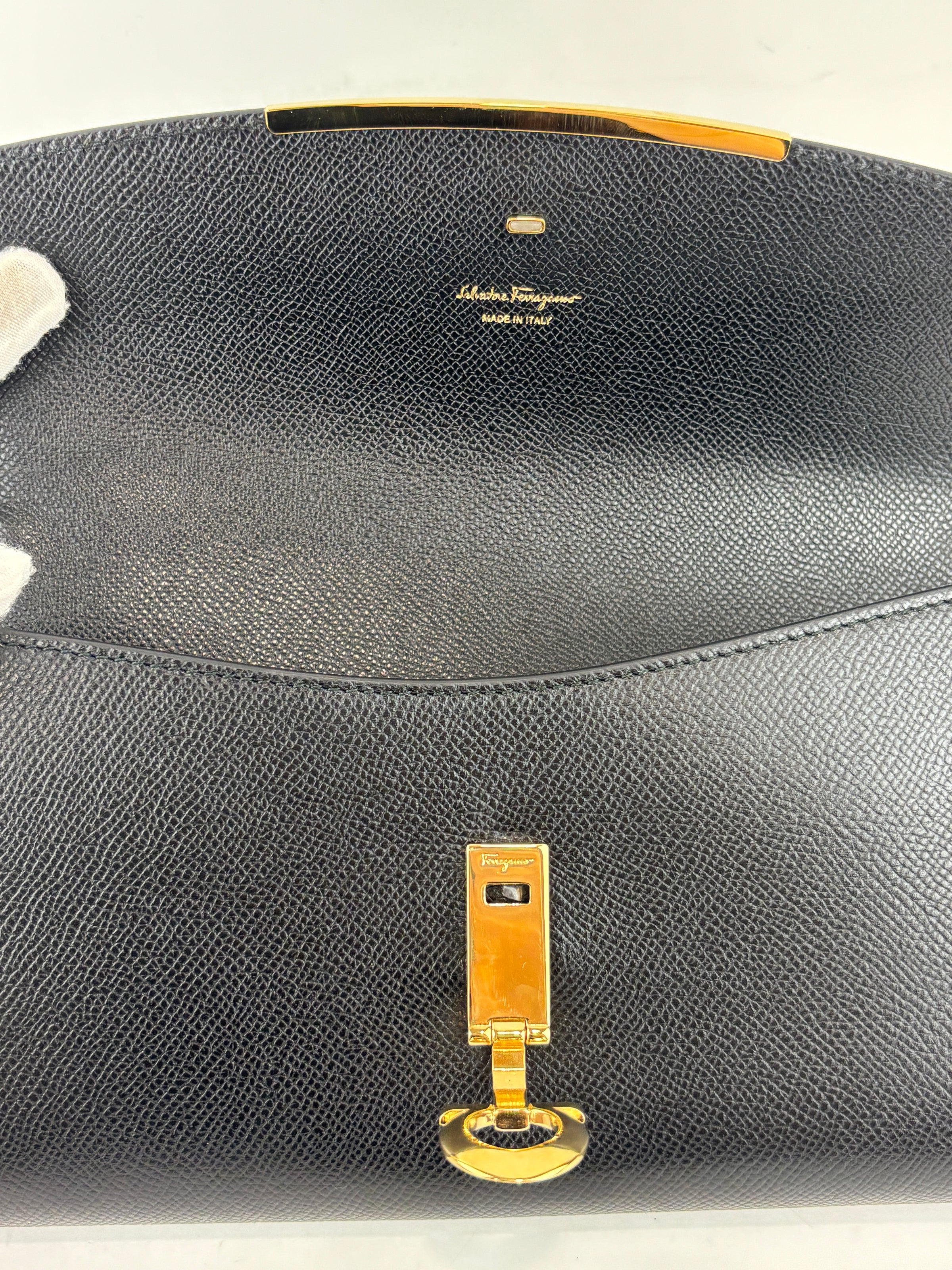 Gancini Clip Clutch with Chain Black Pebble Calf GHW