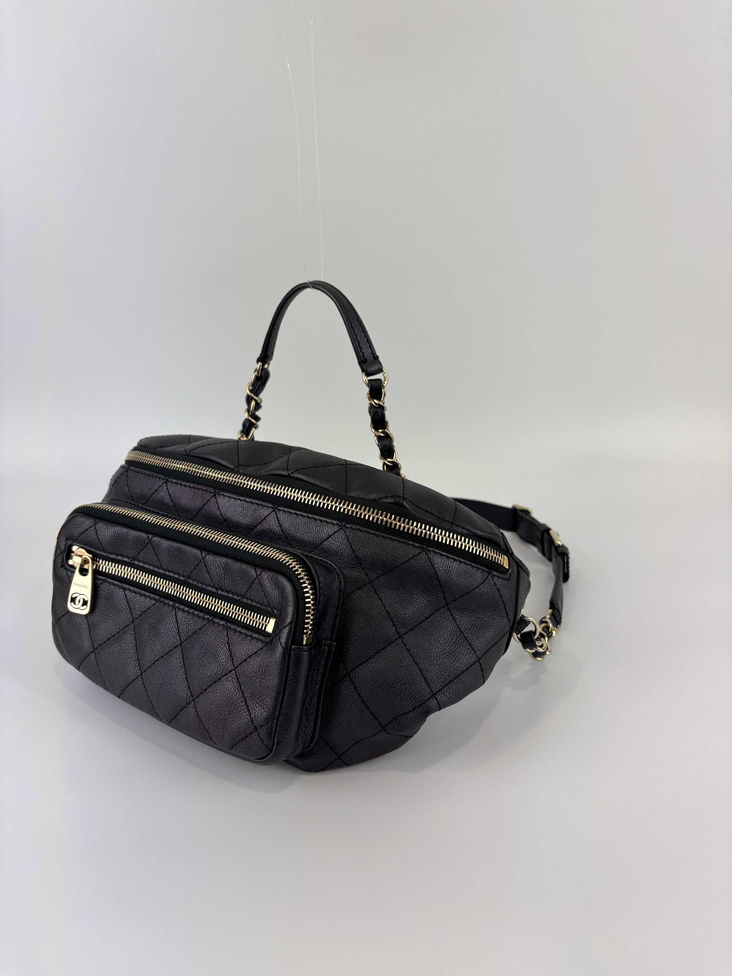 All About Waist Belt Bag in Black Iridescent Quilted Calfskin