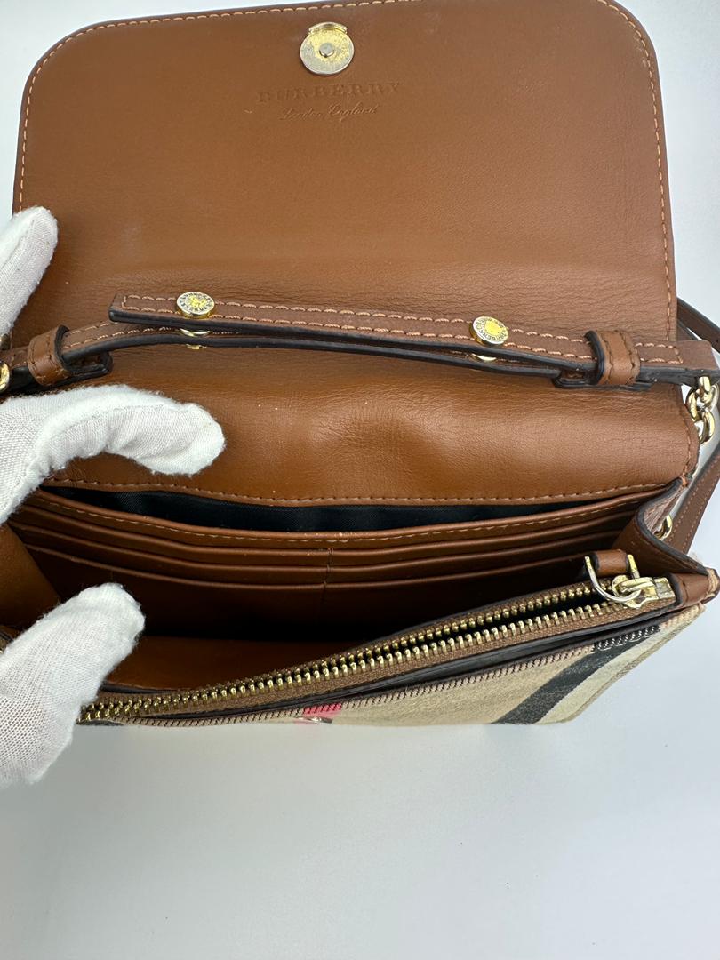 Hampshire Brown Pebbled Leather / House Check Canvas Crossbody Bag