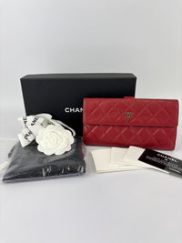 Quilted Long Flap Wallet in Red Lambskin SHW