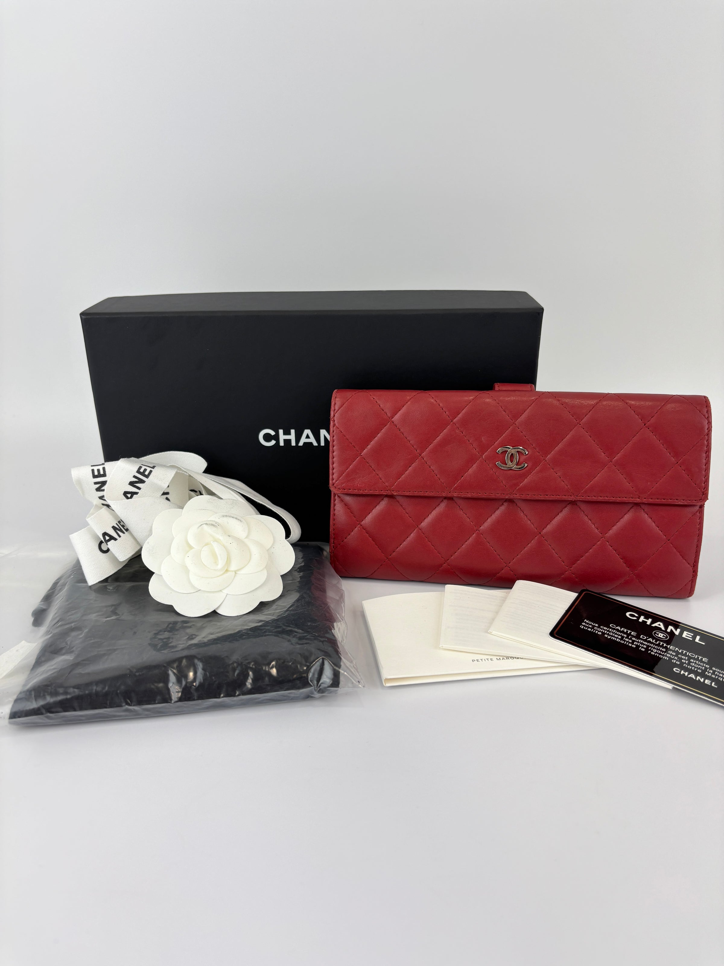 Quilted Long Flap Wallet in Red Lambskin SHW