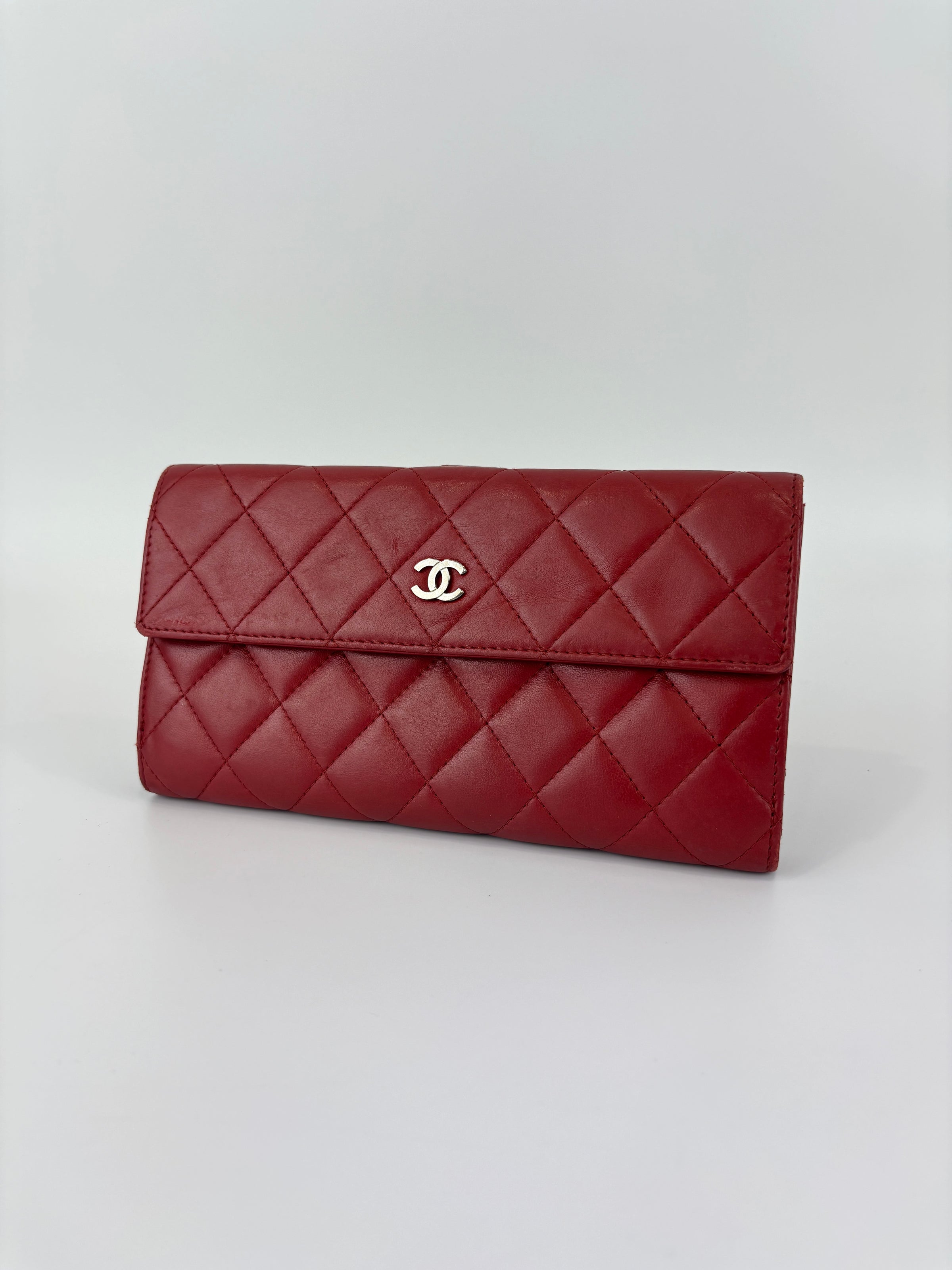 Quilted Long Flap Wallet in Red Lambskin SHW