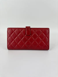 Quilted Long Flap Wallet in Red Lambskin SHW