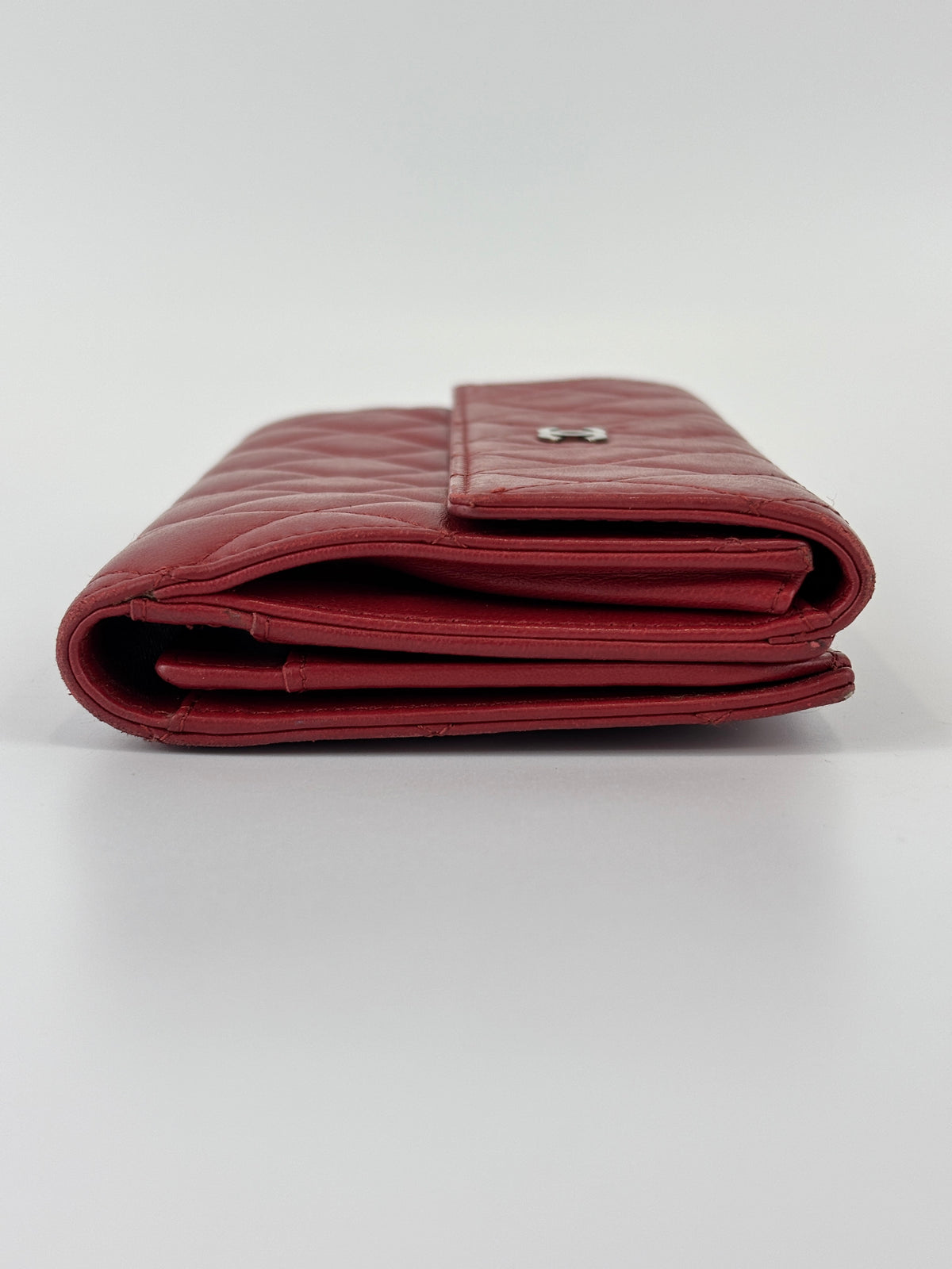 Quilted Long Flap Wallet in Red Lambskin SHW