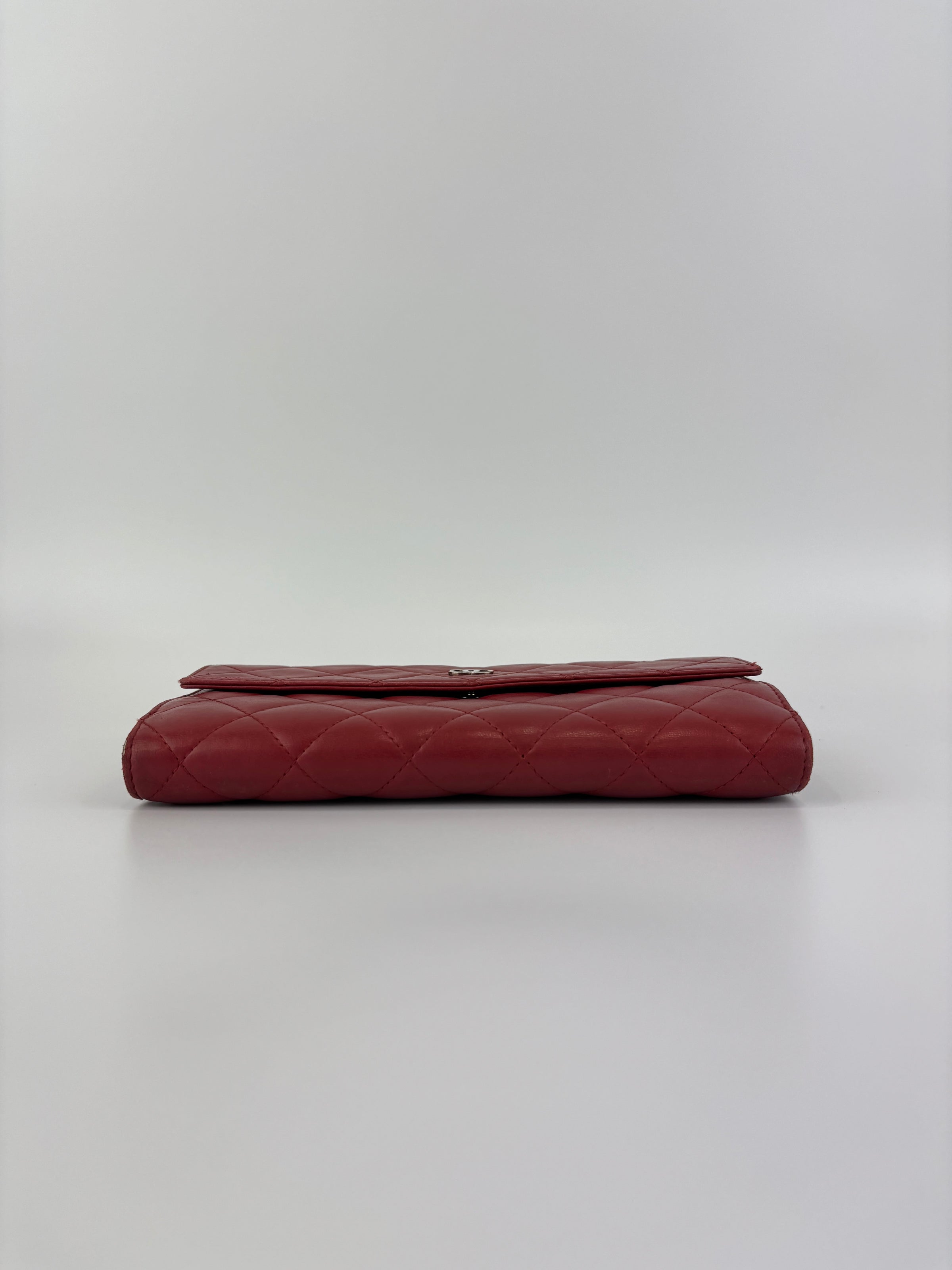 Quilted Long Flap Wallet in Red Lambskin SHW