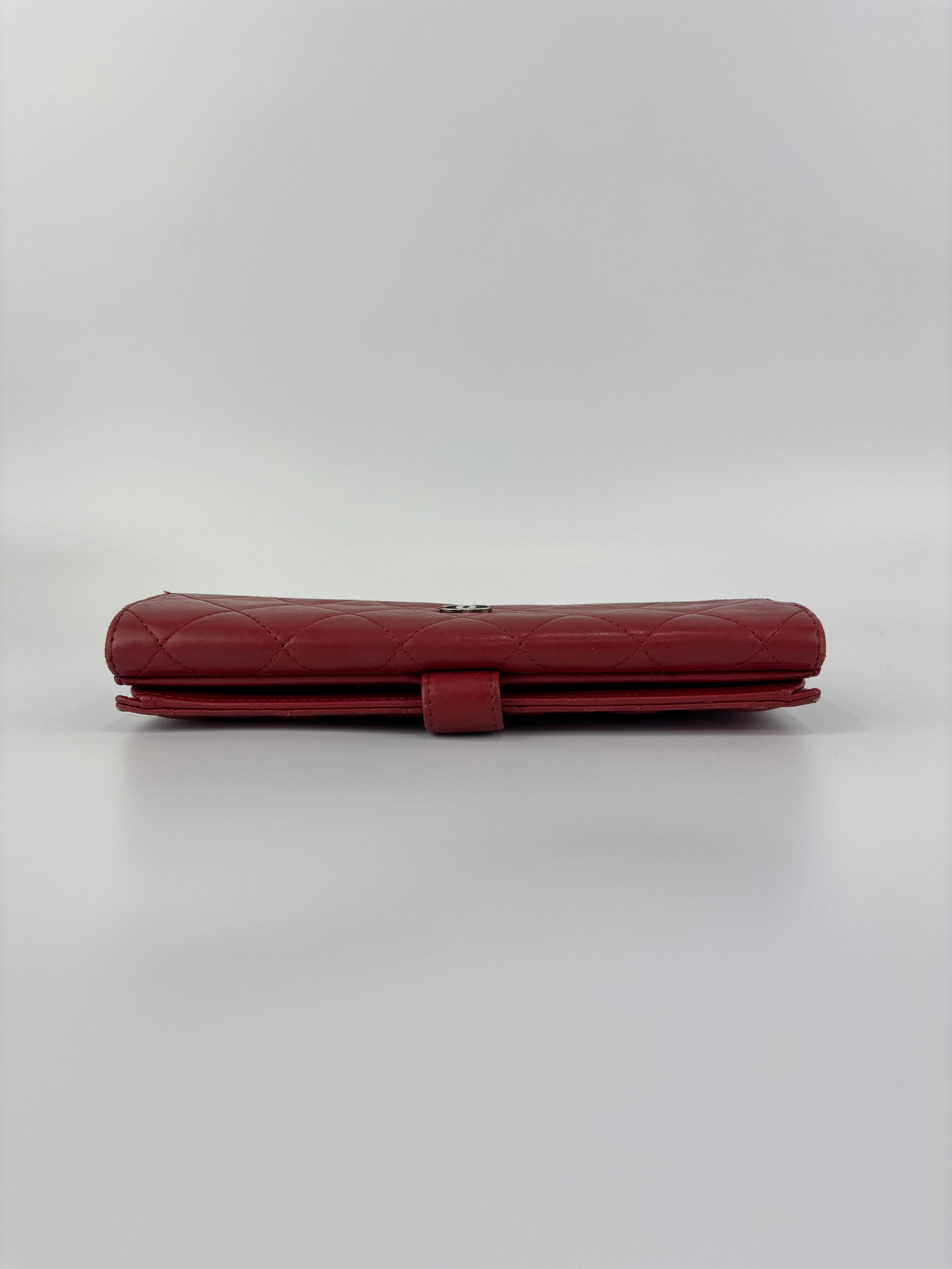 Quilted Long Flap Wallet in Red Lambskin SHW