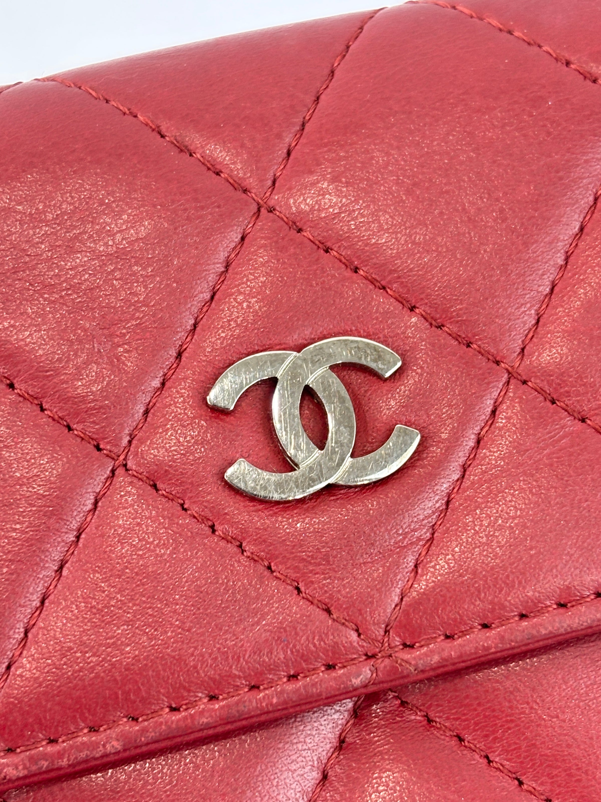 Quilted Long Flap Wallet in Red Lambskin SHW