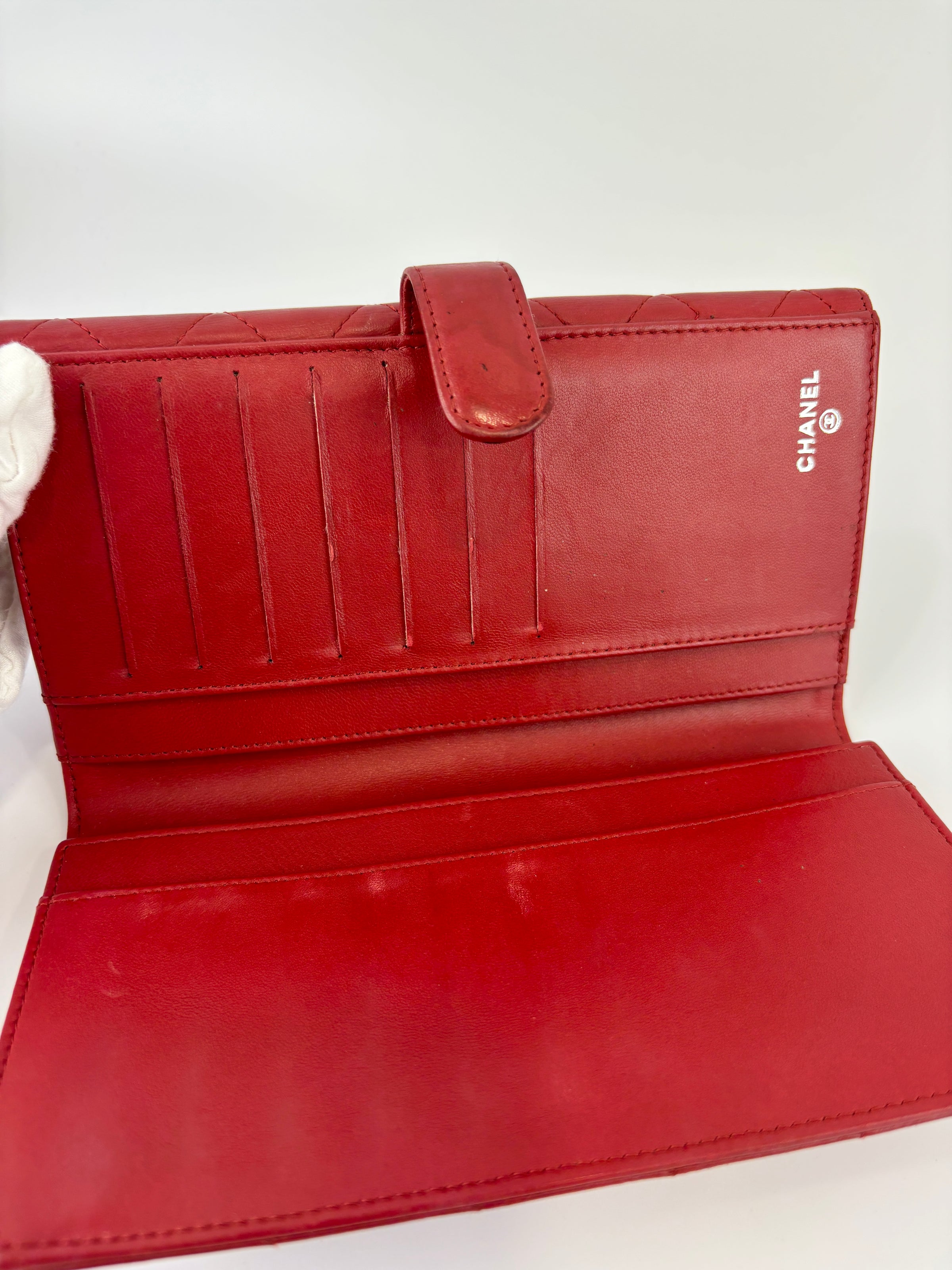 Quilted Long Flap Wallet in Red Lambskin SHW