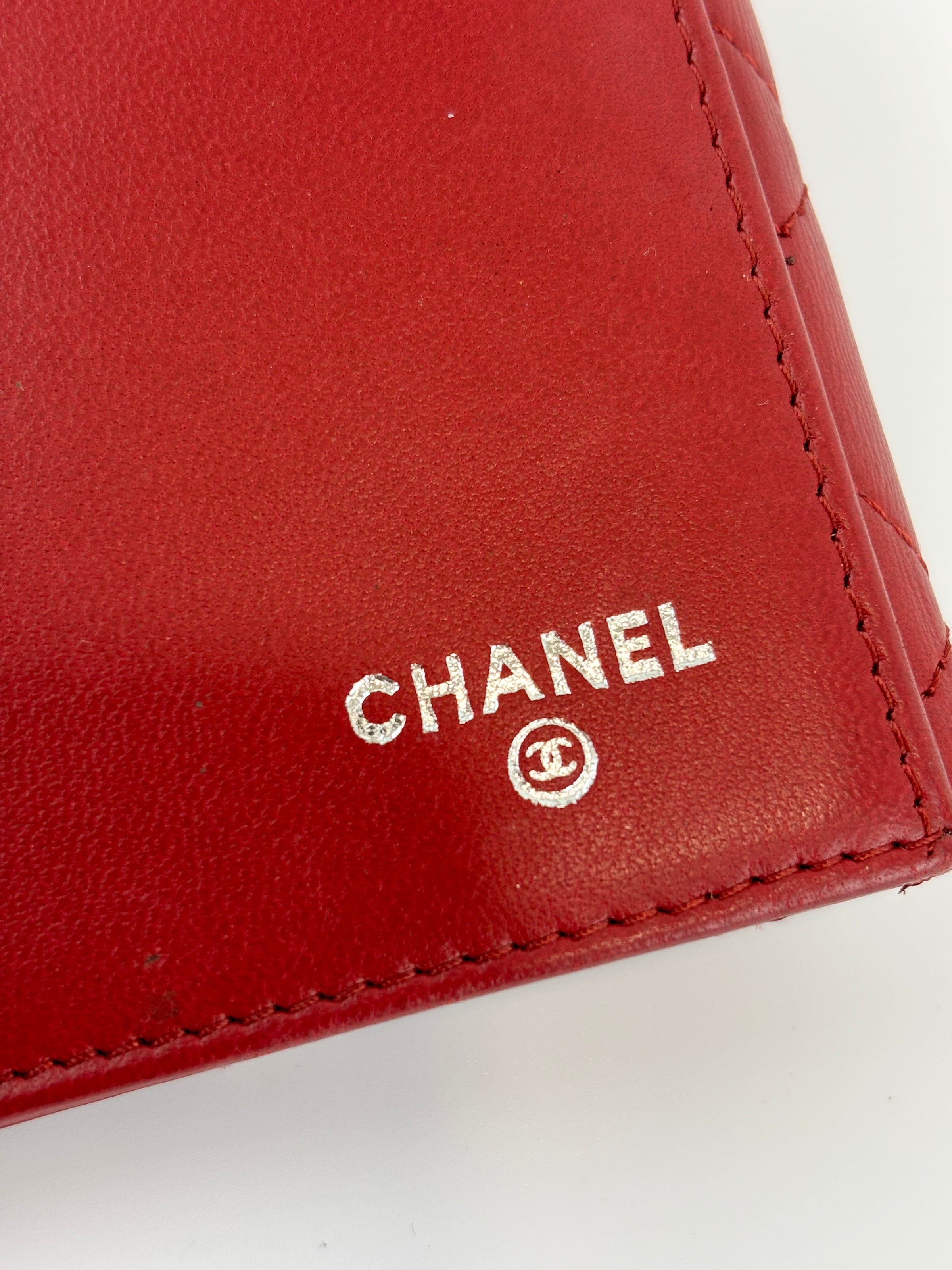 Quilted Long Flap Wallet in Red Lambskin SHW