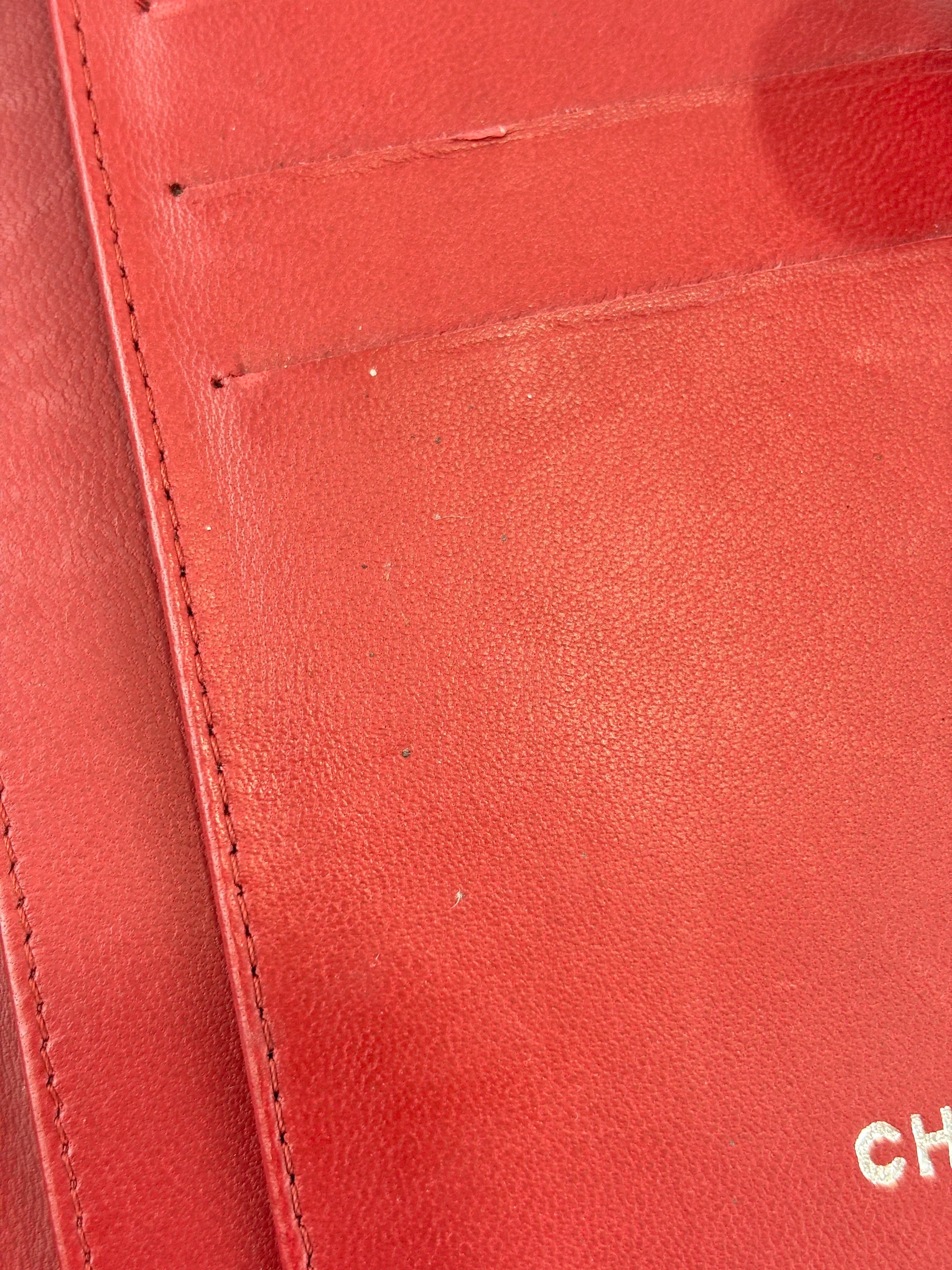 Quilted Long Flap Wallet in Red Lambskin SHW
