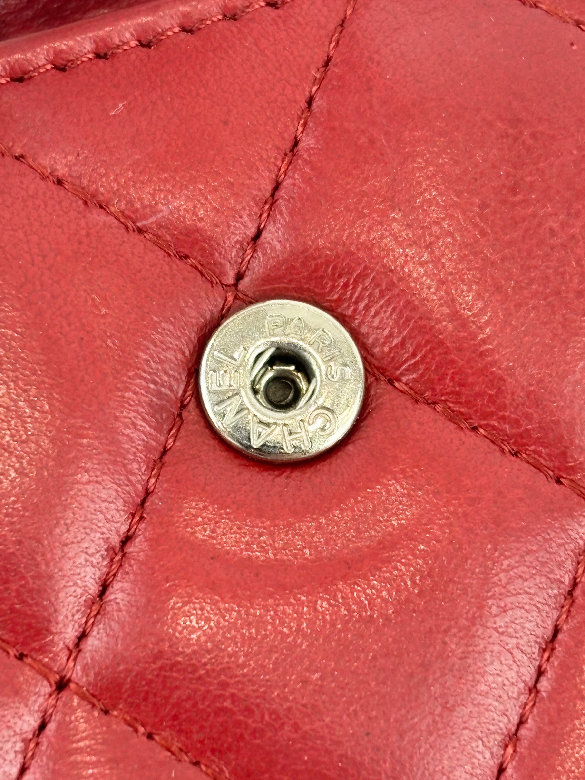 Quilted Long Flap Wallet in Red Lambskin SHW