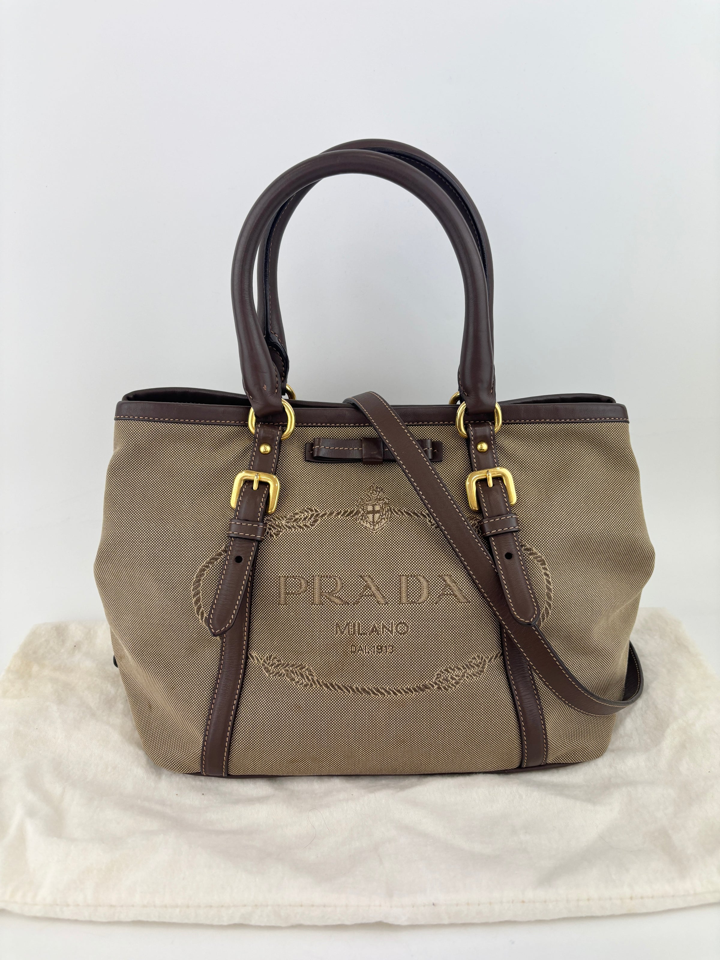 BN1841 Logo Jacquard Bow Tote Corda Bruciato Canvas & Dark Brown Leather Trim