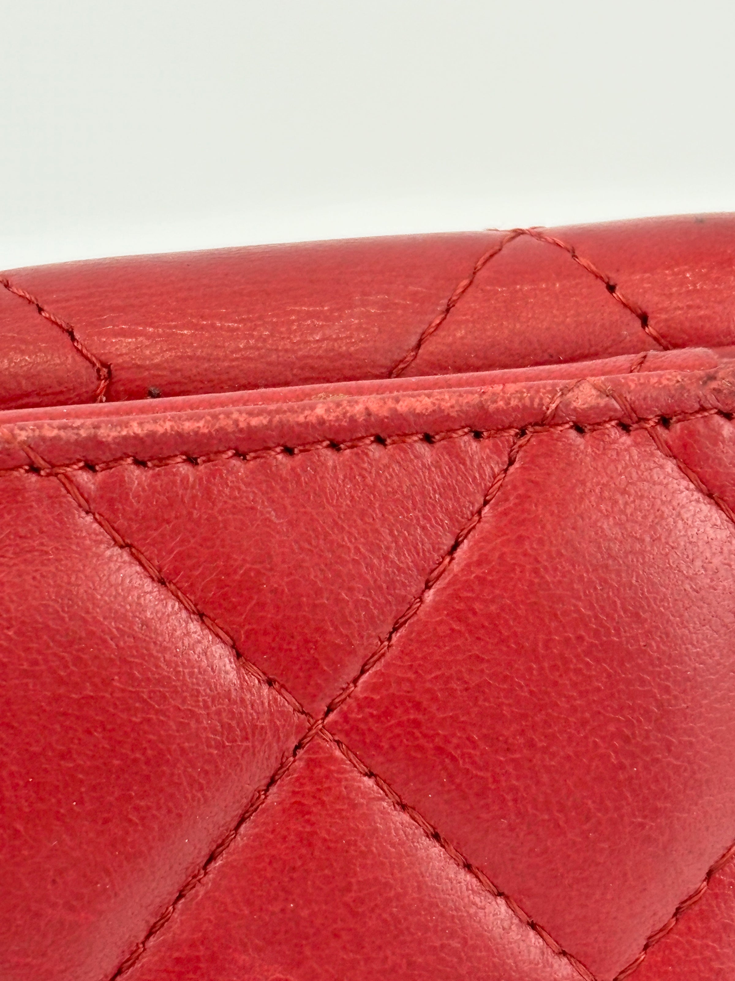 Quilted Long Flap Wallet in Red Lambskin SHW