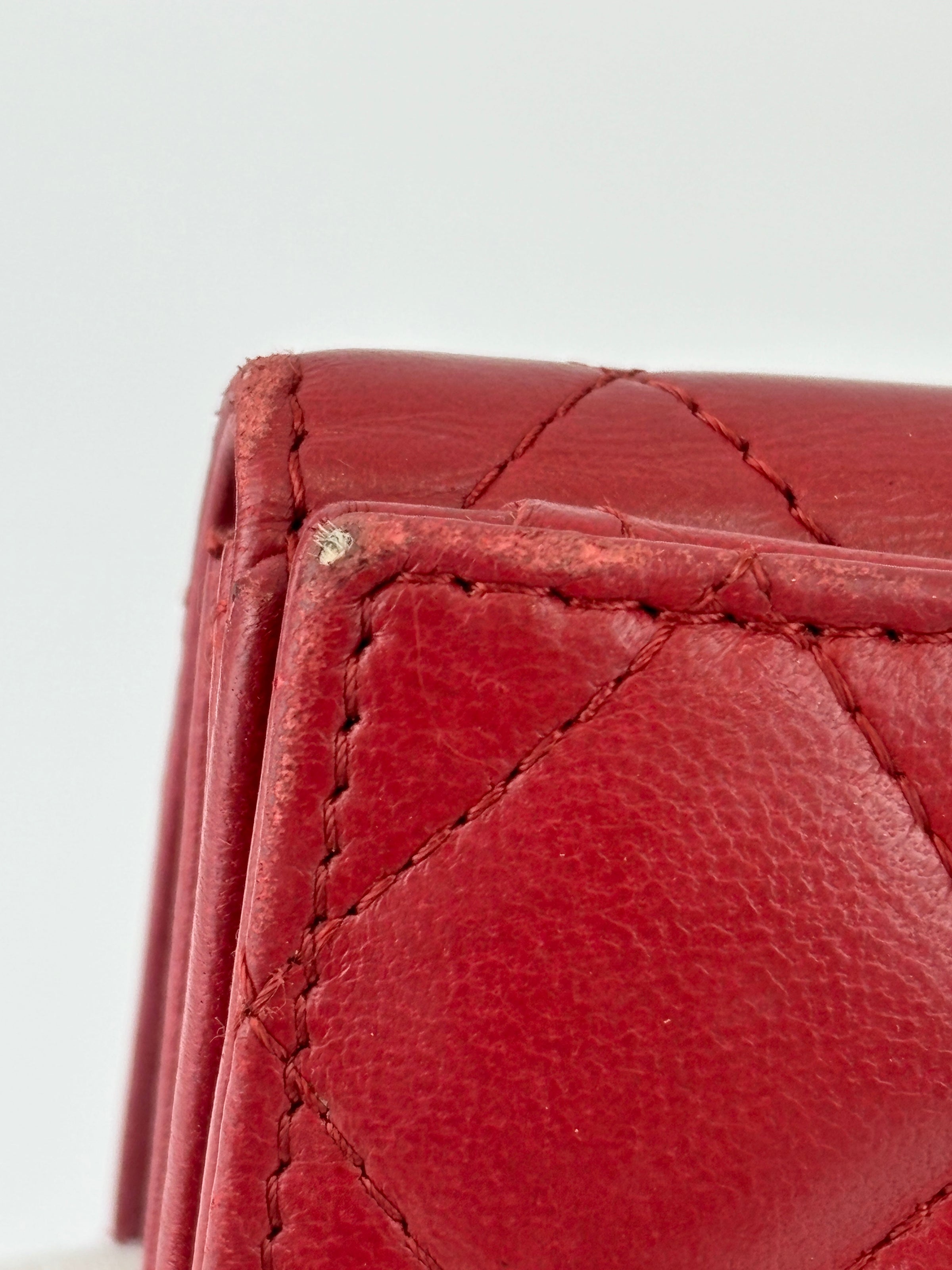 Quilted Long Flap Wallet in Red Lambskin SHW