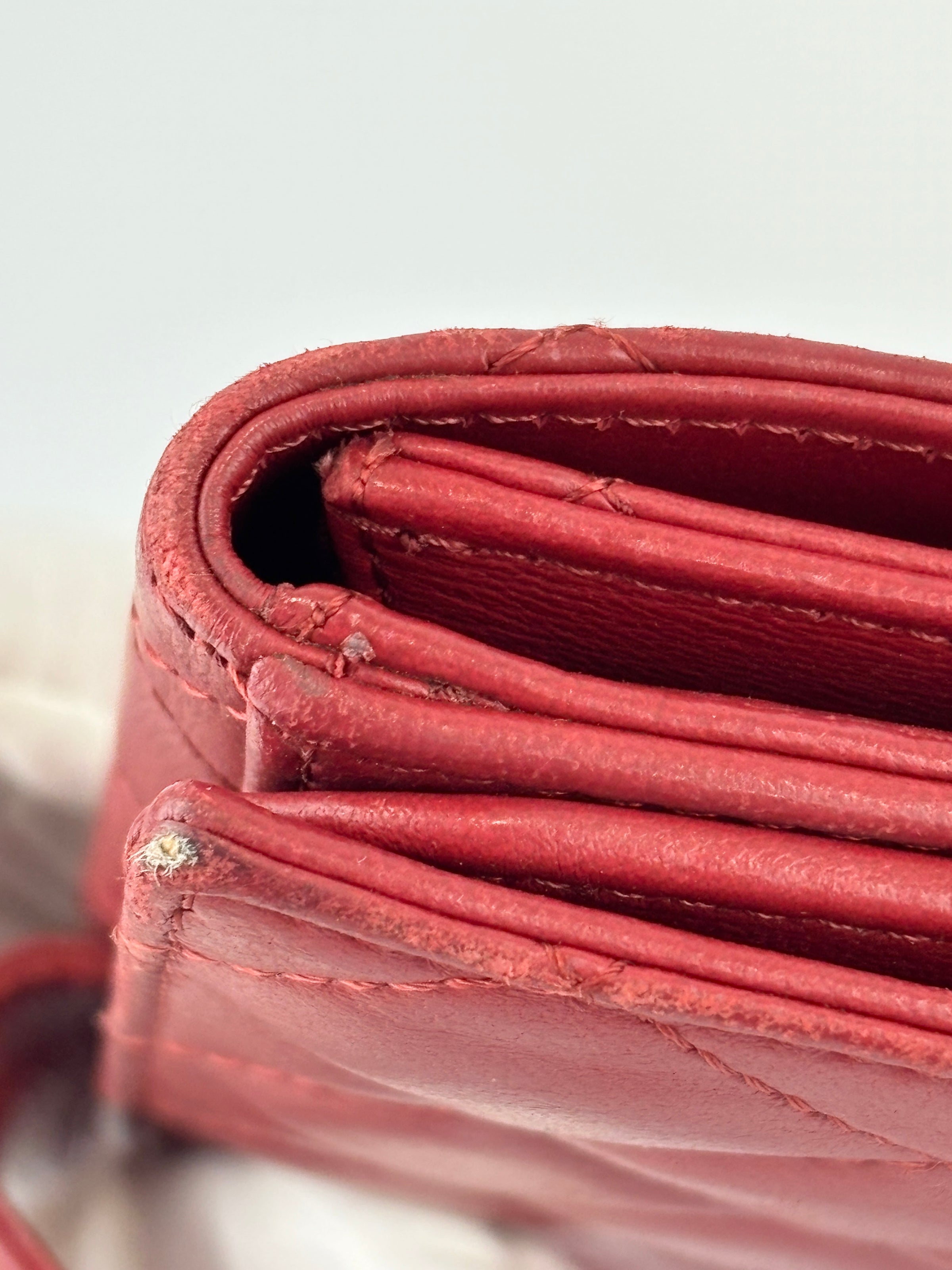 Quilted Long Flap Wallet in Red Lambskin SHW