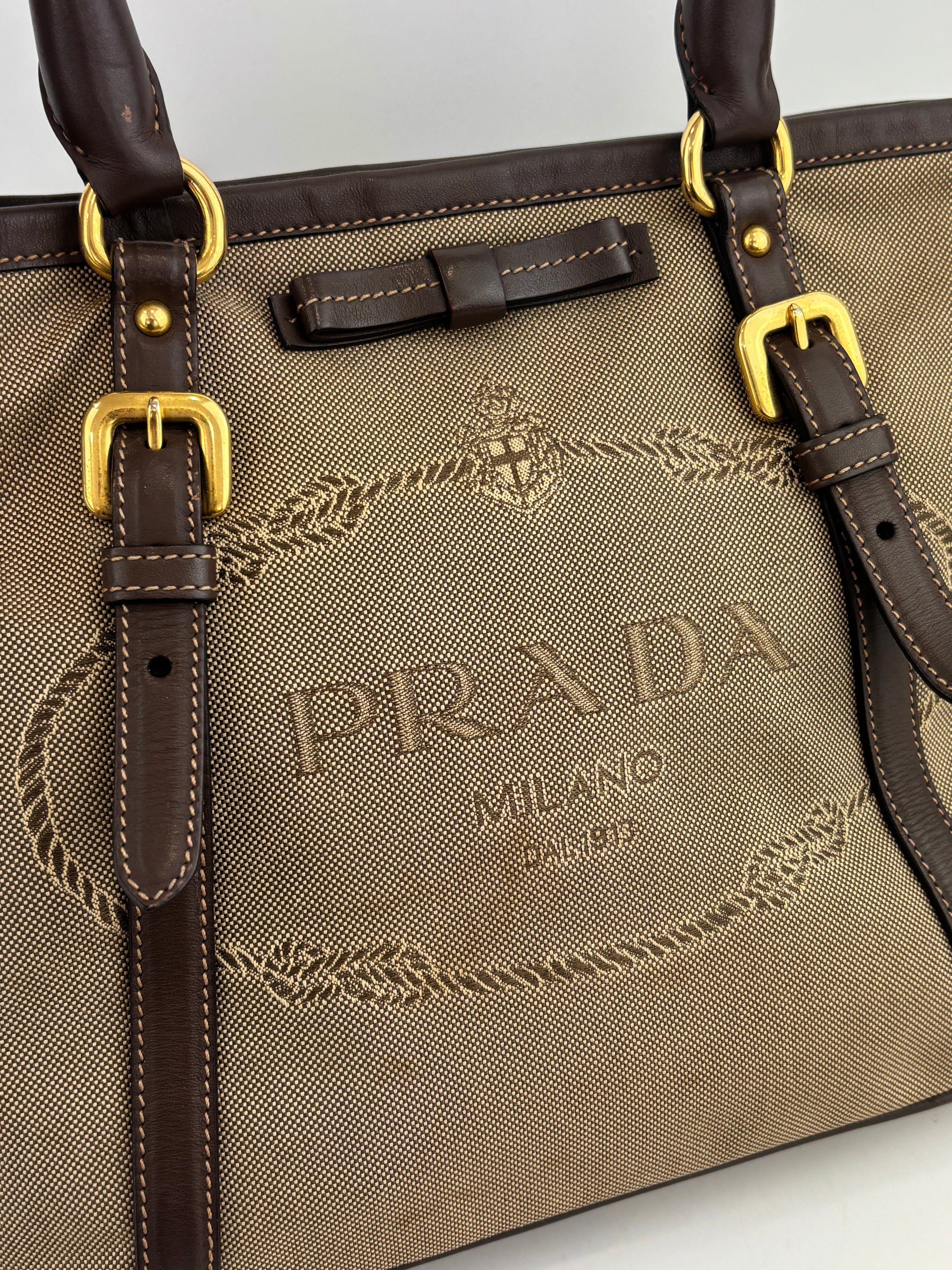BN1841 Logo Jacquard Bow Tote Corda Bruciato Canvas & Dark Brown Leather Trim