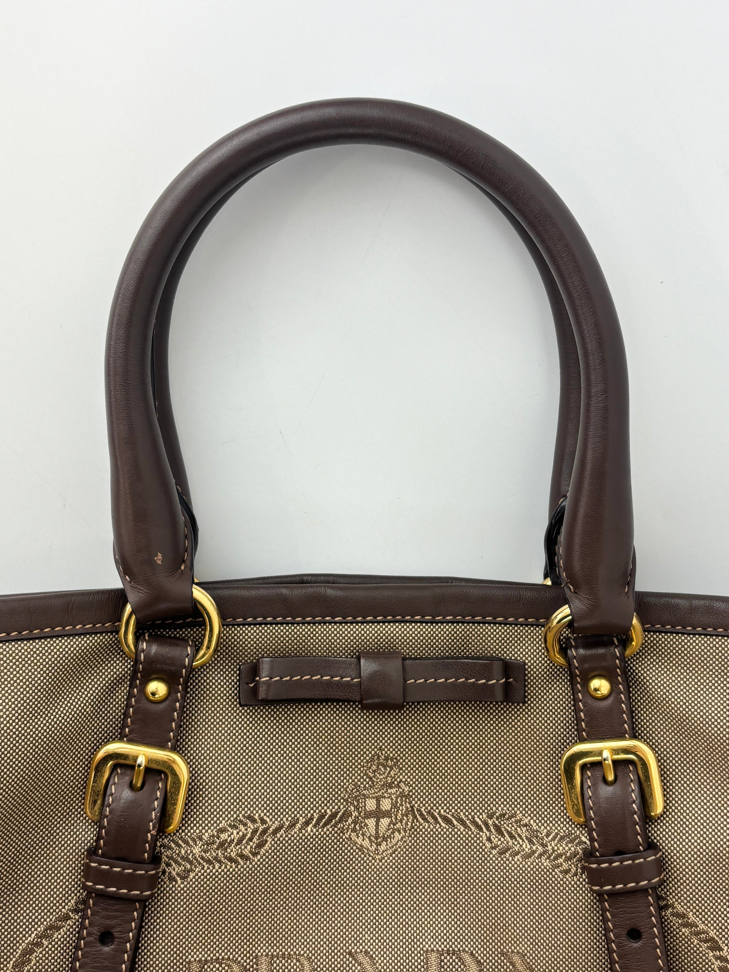 BN1841 Logo Jacquard Bow Tote Corda Bruciato Canvas & Dark Brown Leather Trim