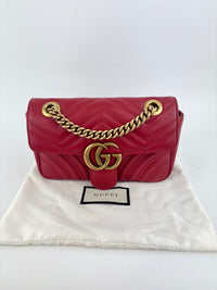 446744 GG Marmont Matelassé Small Flap Shoulder Bag Hibiscus Red Calfskin / Antique Gold Hardware