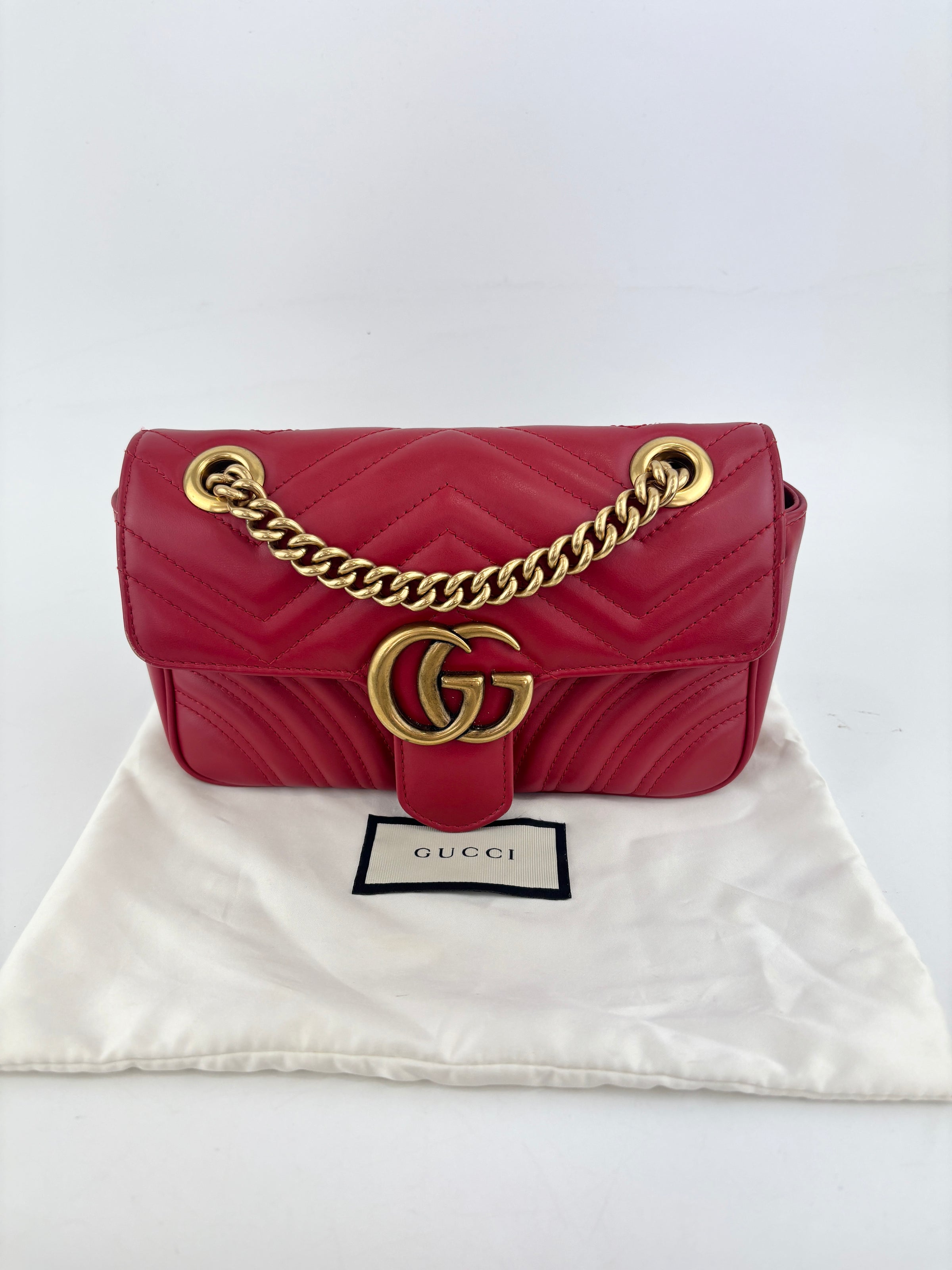 446744 GG Marmont Matelassé Small Flap Shoulder Bag Hibiscus Red Calfskin / Antique Gold Hardware