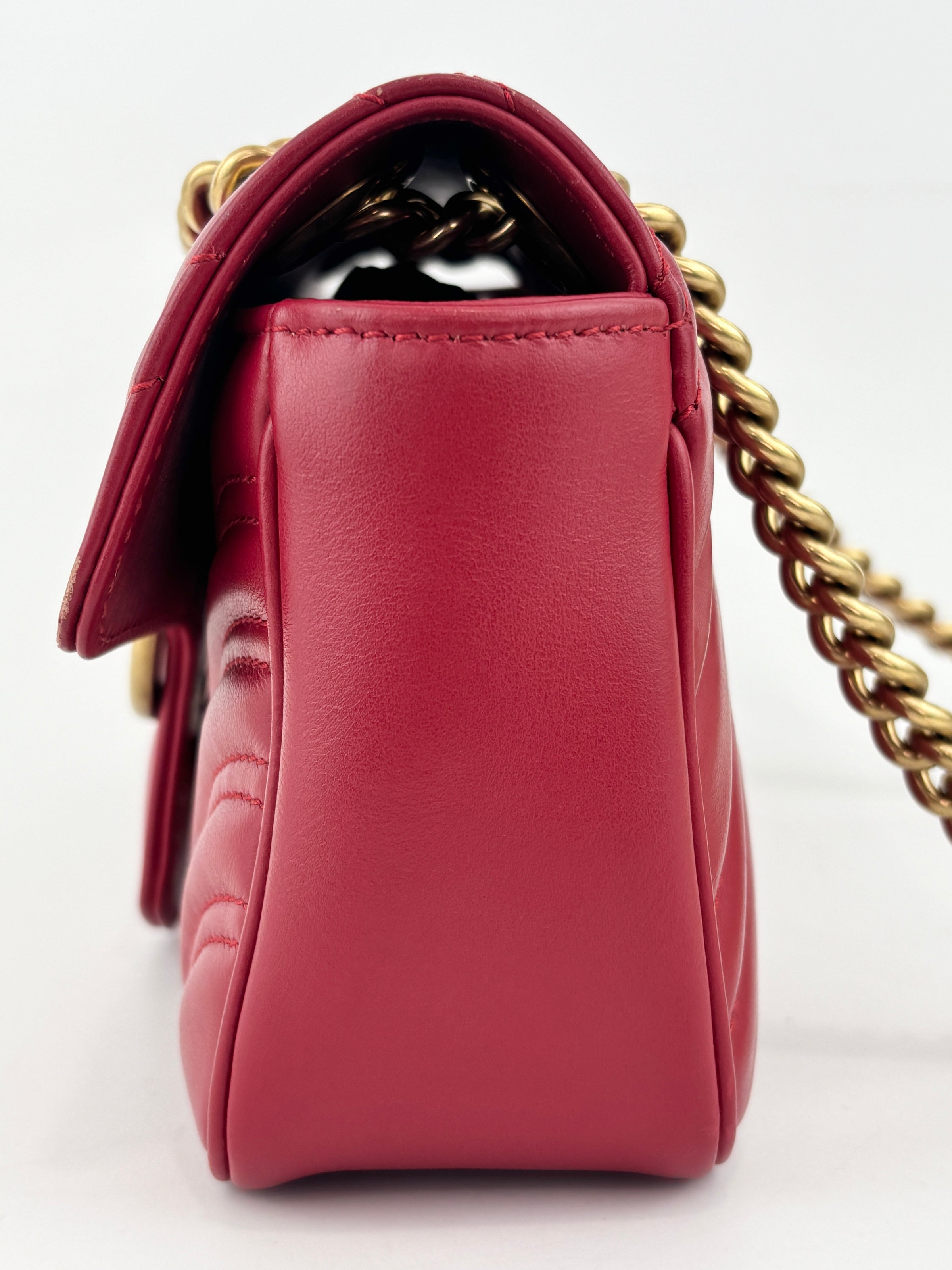 446744 GG Marmont Matelassé Small Flap Shoulder Bag Hibiscus Red Calfskin / Antique Gold Hardware