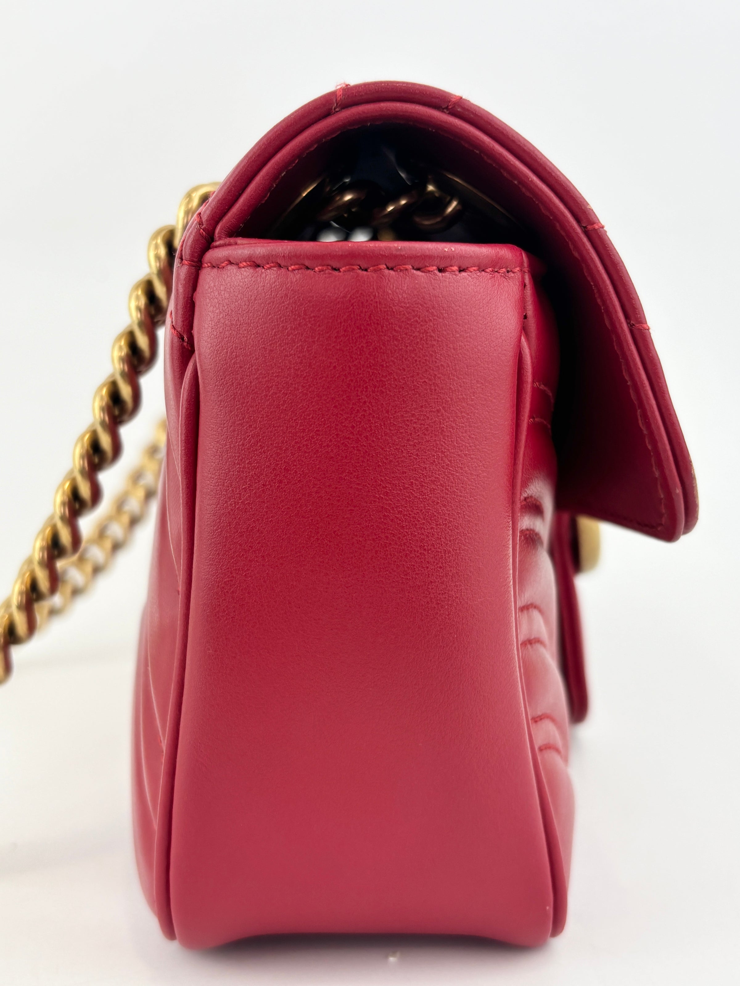 446744 GG Marmont Matelassé Small Flap Shoulder Bag Hibiscus Red Calfskin / Antique Gold Hardware