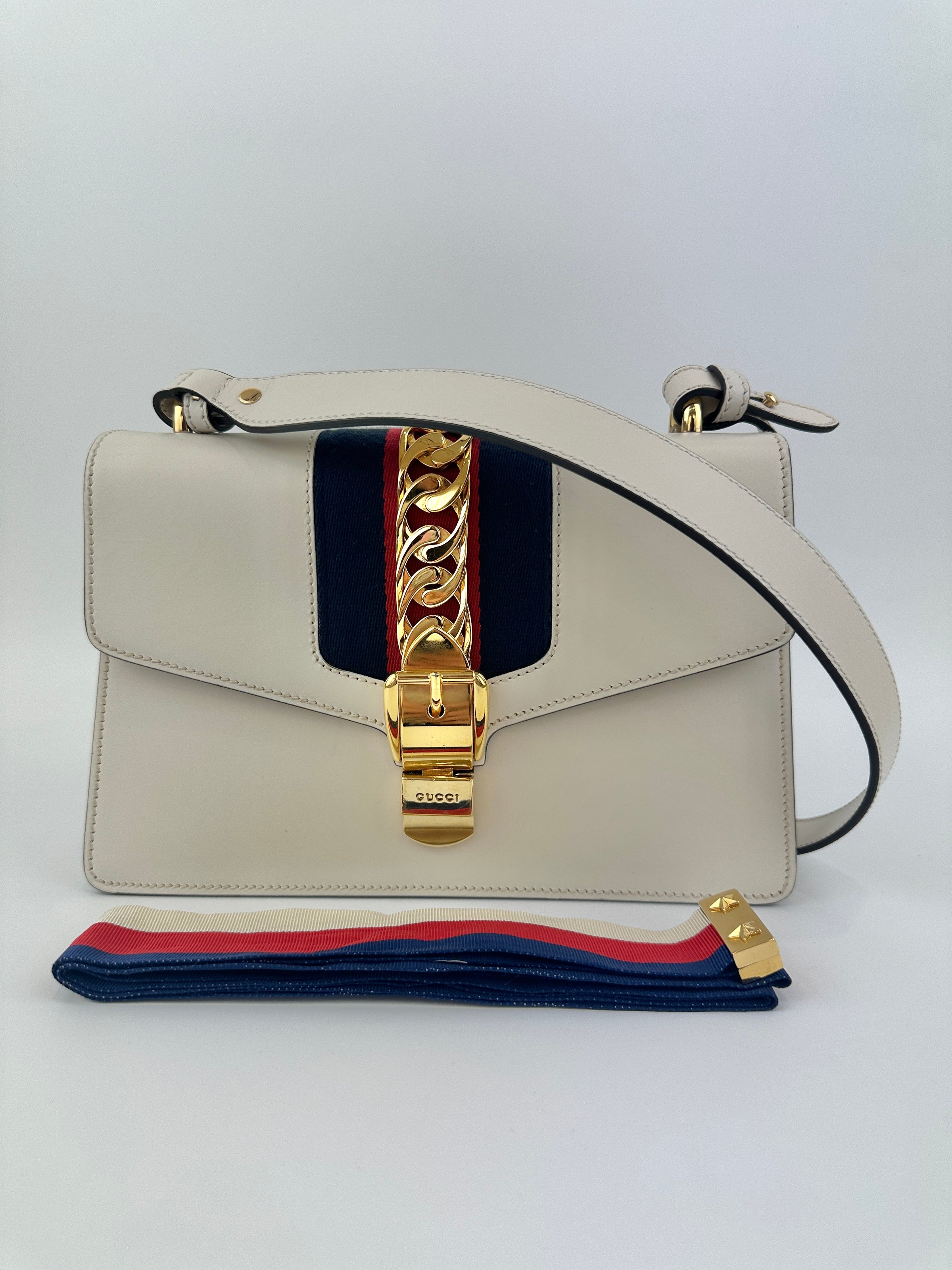 Small Web Sylvie White Smooth Calfskin Leather Shoulder Bag