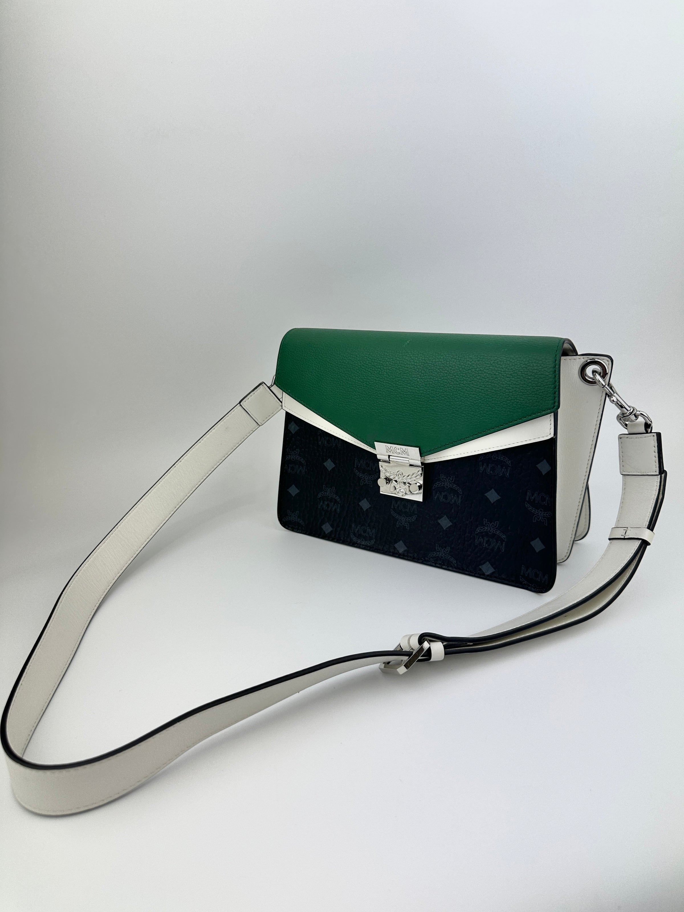 Mezzanin Visetos Colorblock Black / Green / White Leather Crossbody Bag