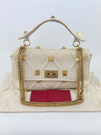 Off White Lurex Knit Fabric Roman Stud Shoulder Bag