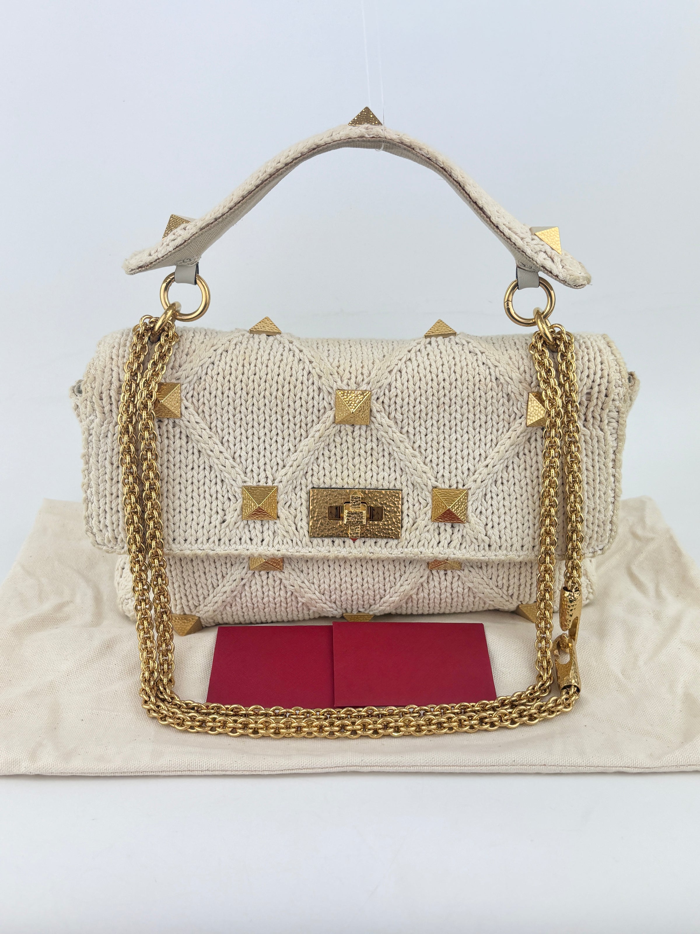 Off White Lurex Knit Fabric Roman Stud Shoulder Bag