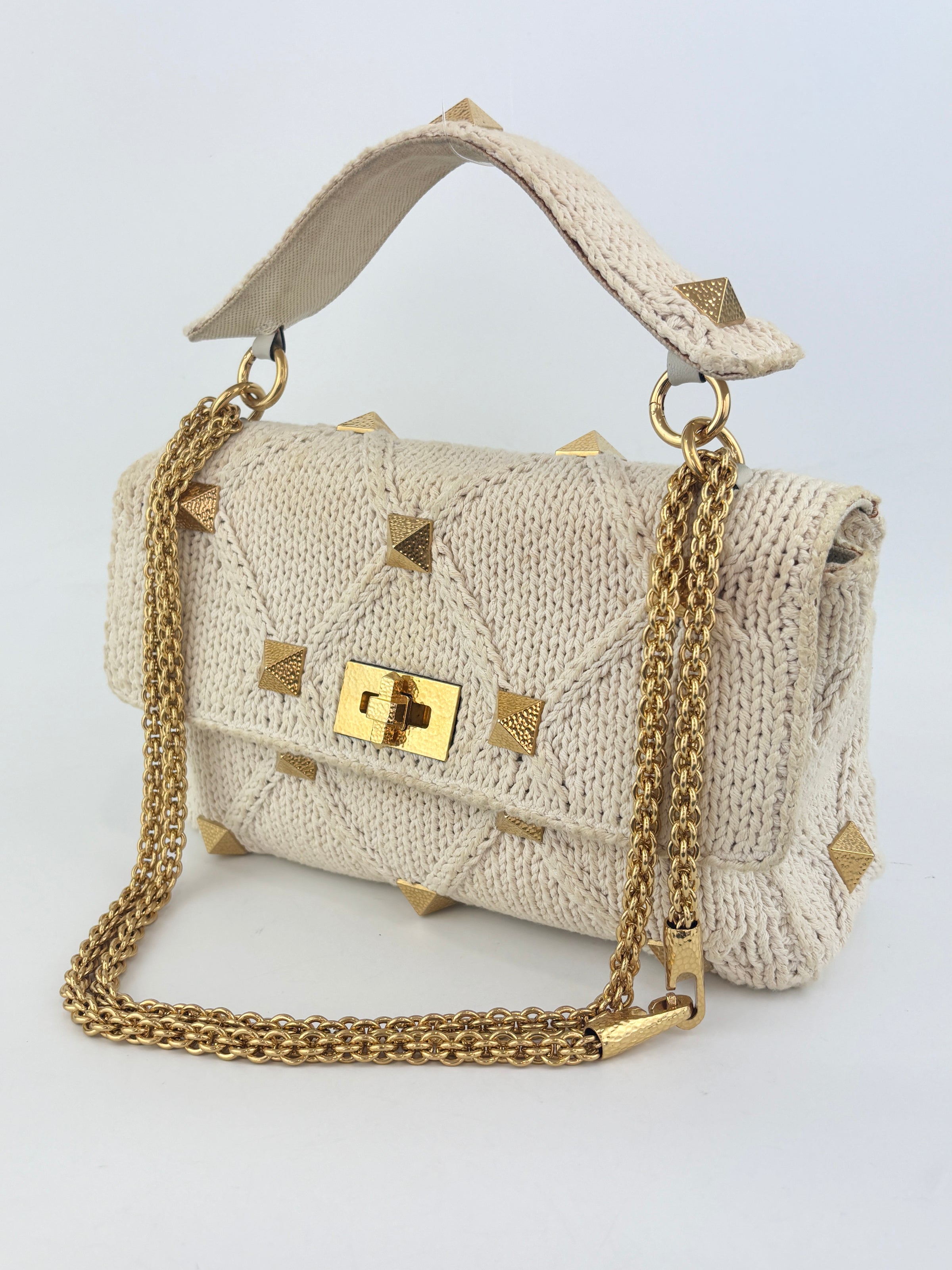 Off White Lurex Knit Fabric Roman Stud Shoulder Bag