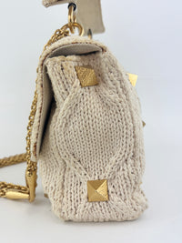 Off White Lurex Knit Fabric Roman Stud Shoulder Bag